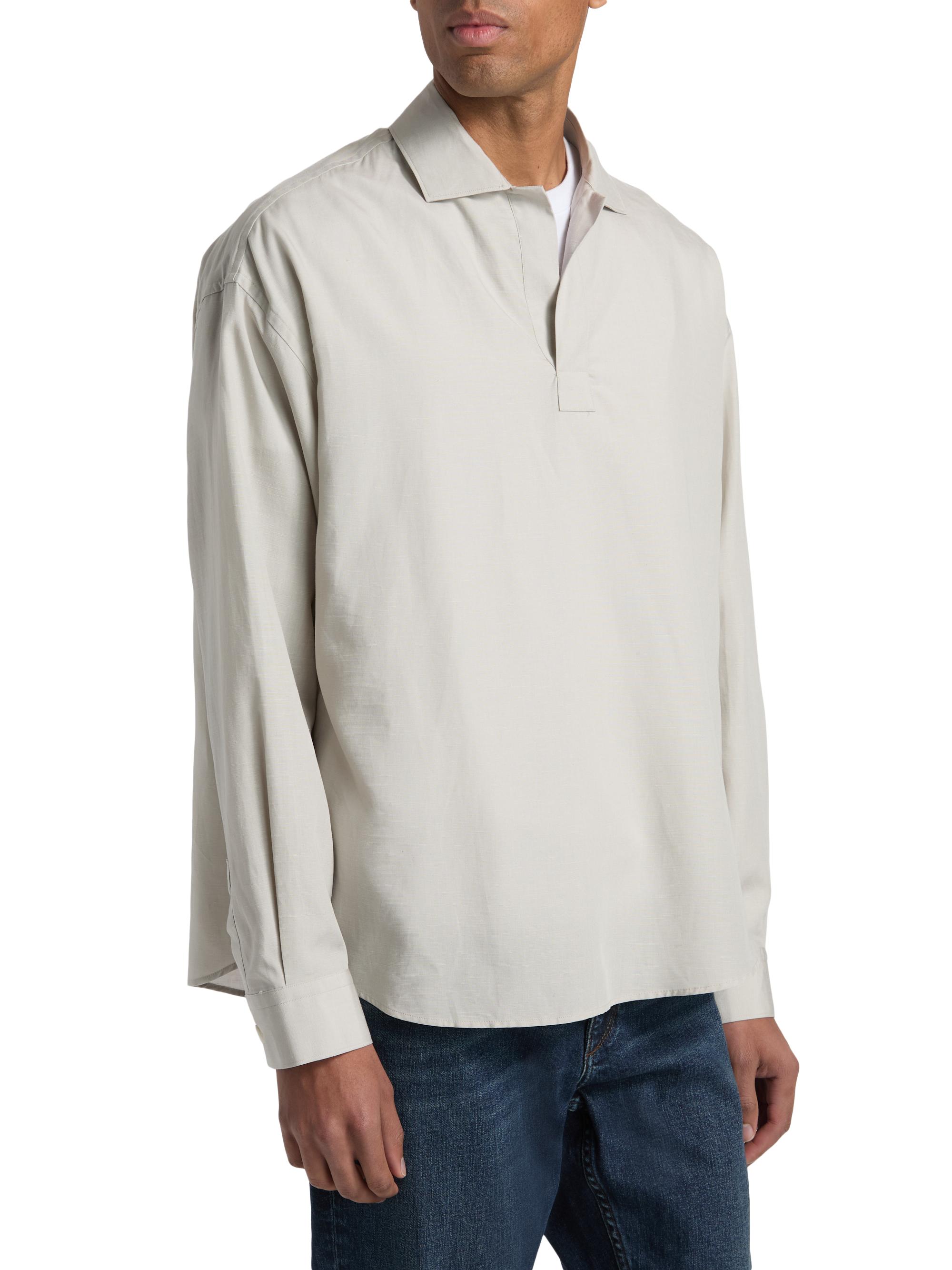 FRAME Men's Linen Long-Sleeve Polo Shirt - Dusty Beige | Thumbnail 4