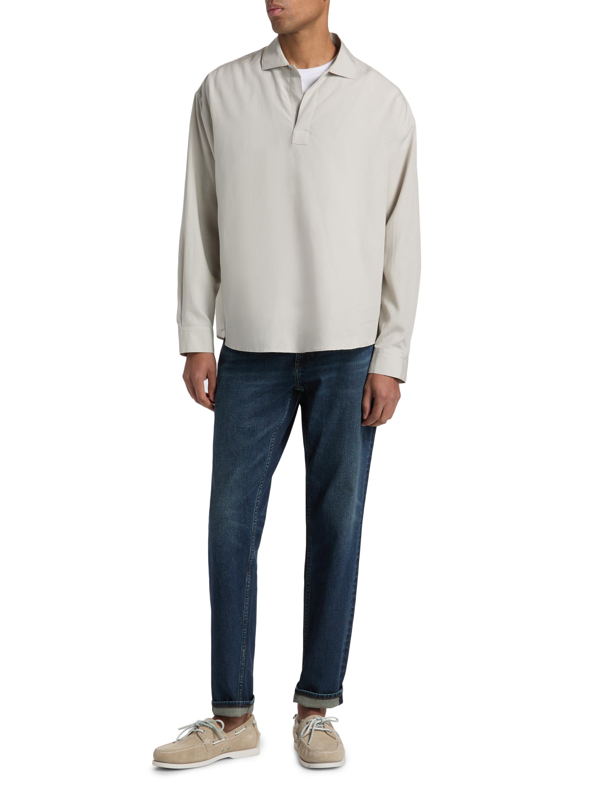 FRAME Men's Linen Long-Sleeve Polo Shirt - Dusty Beige | Thumbnail 2
