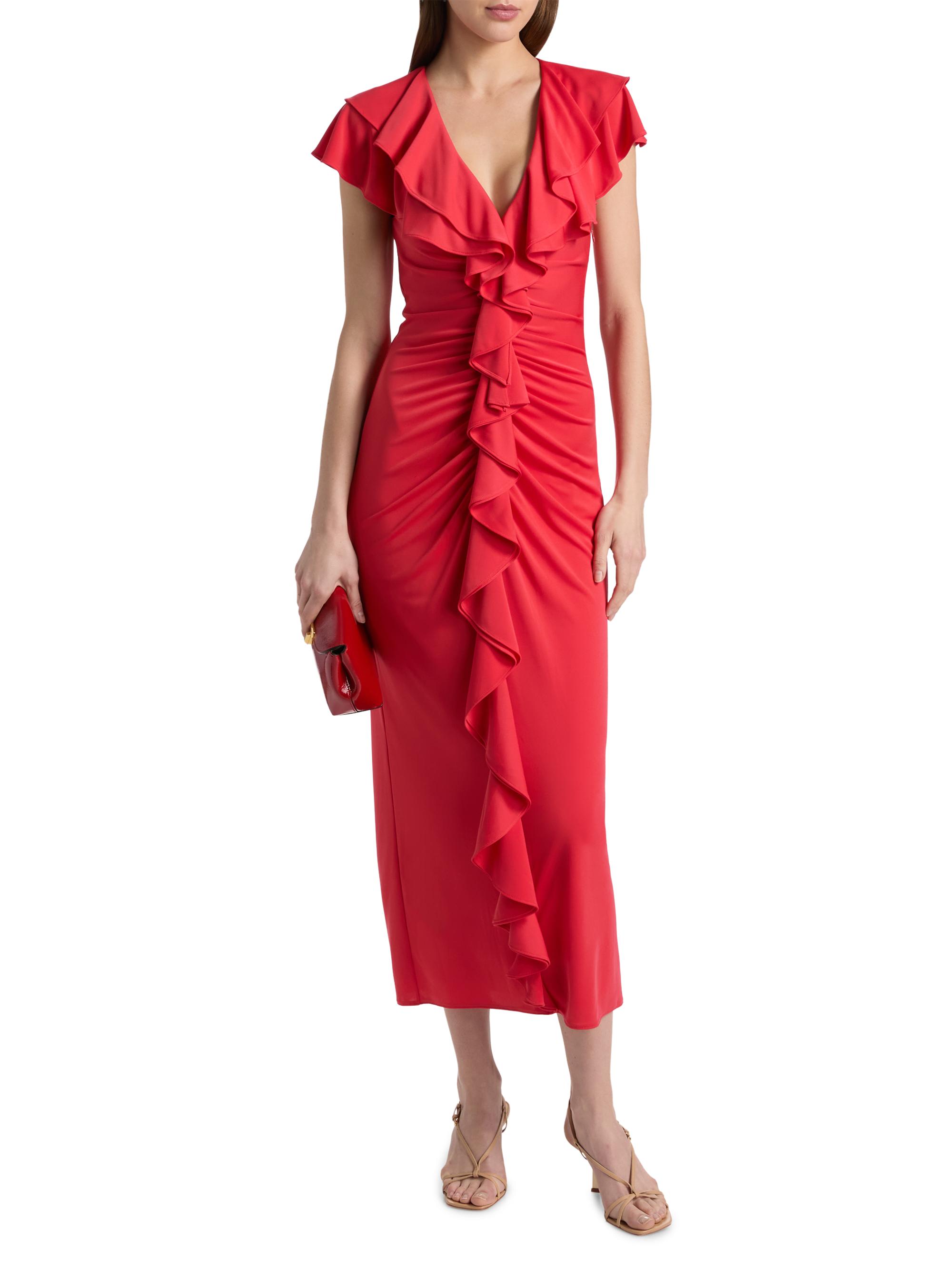 Cinq à Sept Women's Tallis Ruched Ruffled Midi-Dress - Crimson Aura | Thumbnail 3