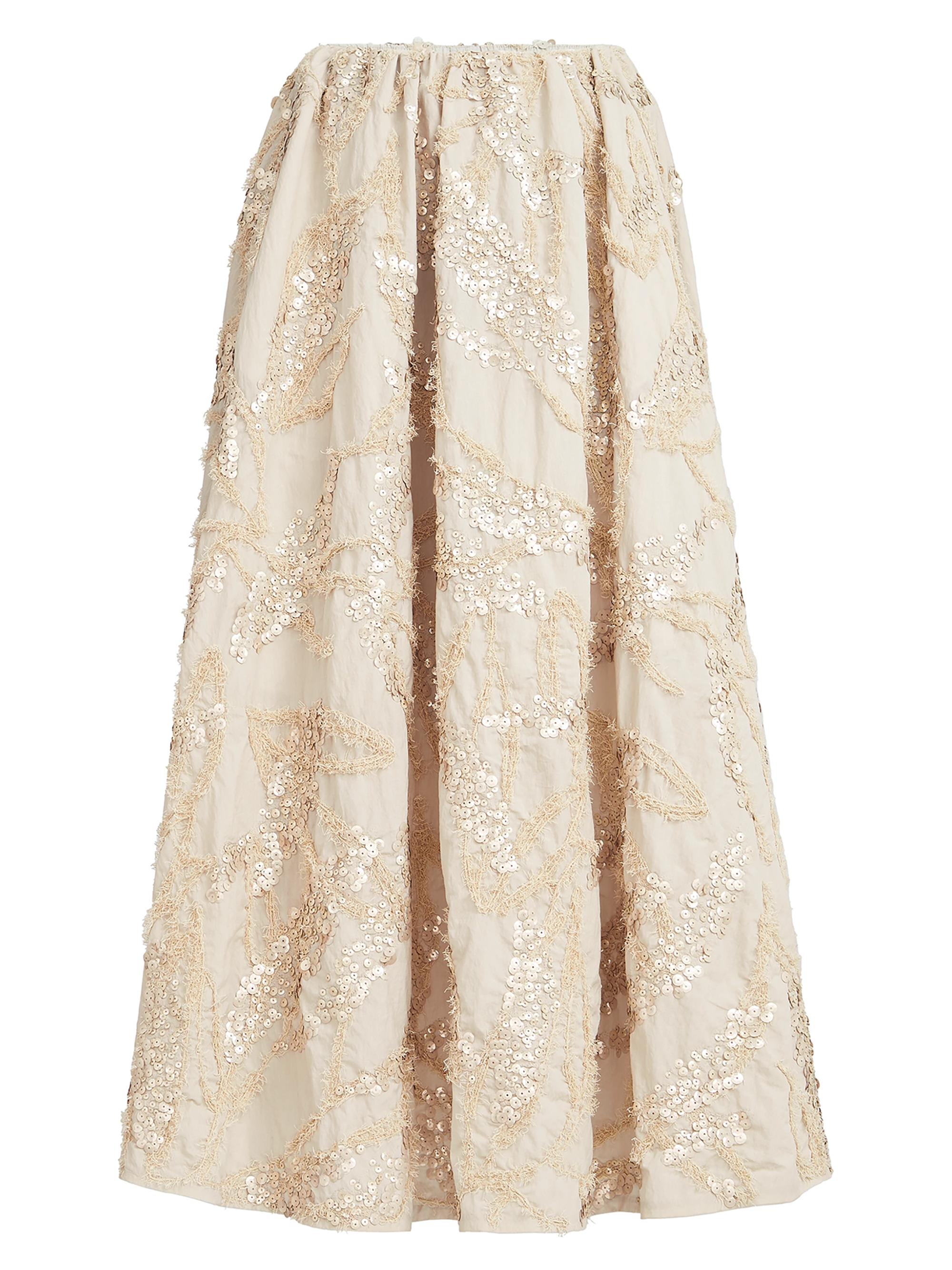 Brunello Cucinelli Women's Techno Cotton Poplin Skirt with Dazzling Seabed Embroidery - Sand