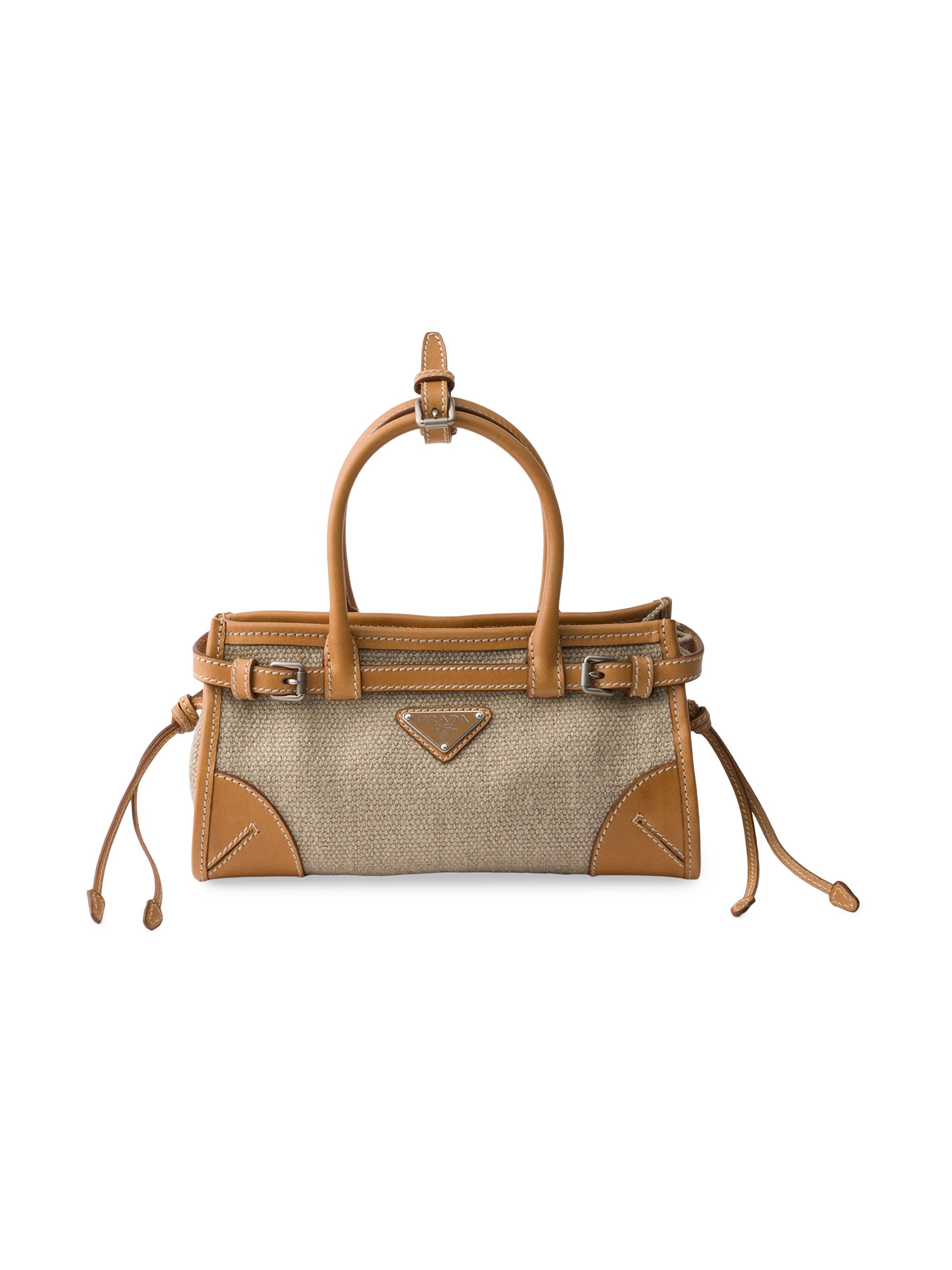 Prada Women's Bonnie  Linen and Leather Top Handle Bag - Beige Khaki