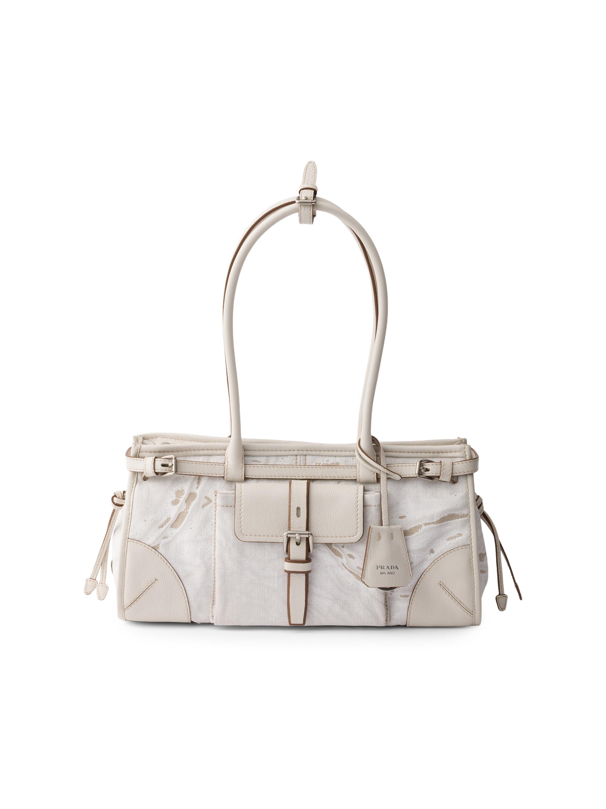 Prada Women's Bonnie  Printed Linen and Leather Top Handle Bag - White