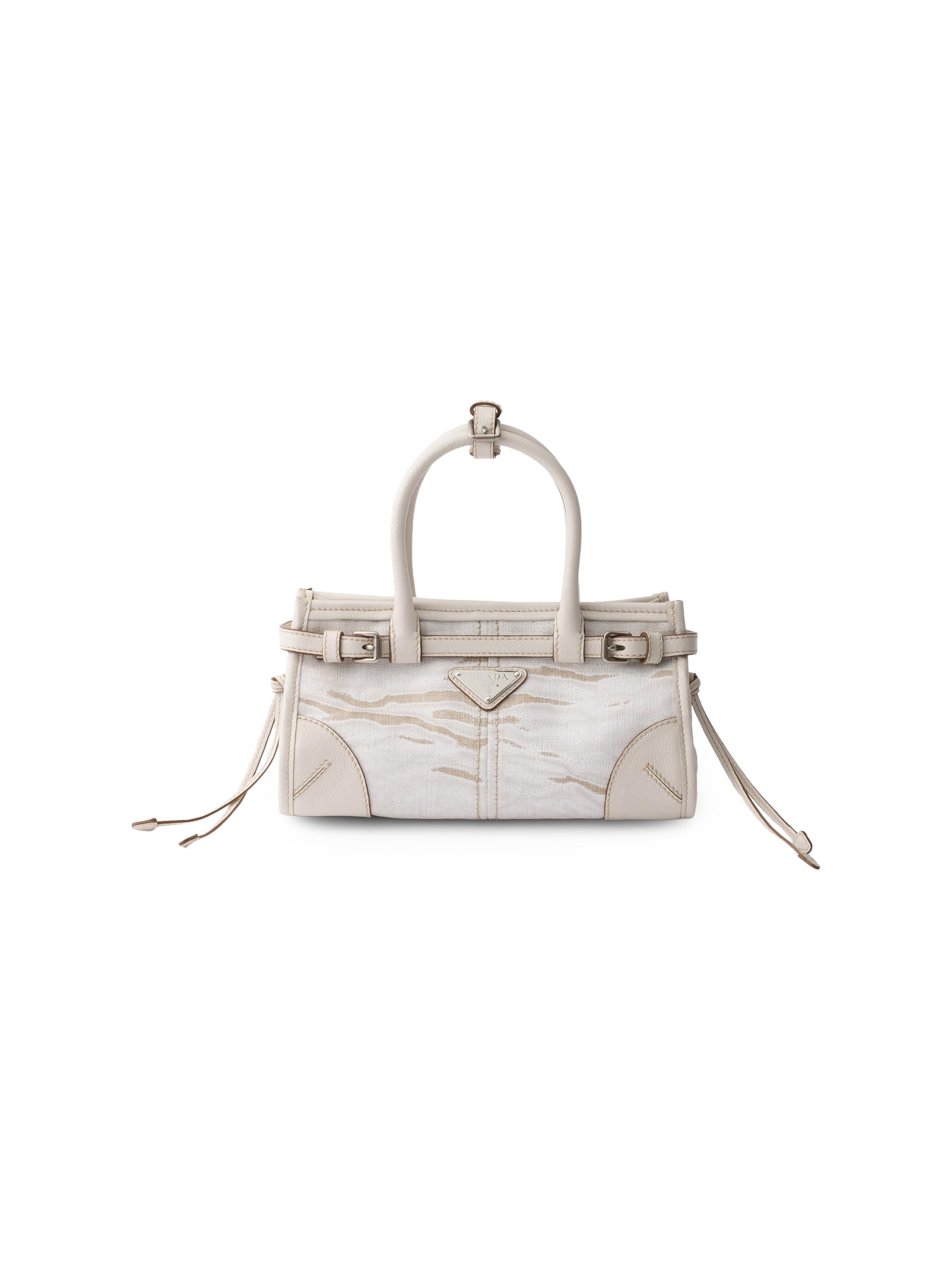 Prada Women's Bonnie  Printed Linen and Leather Top Handle Bag - White