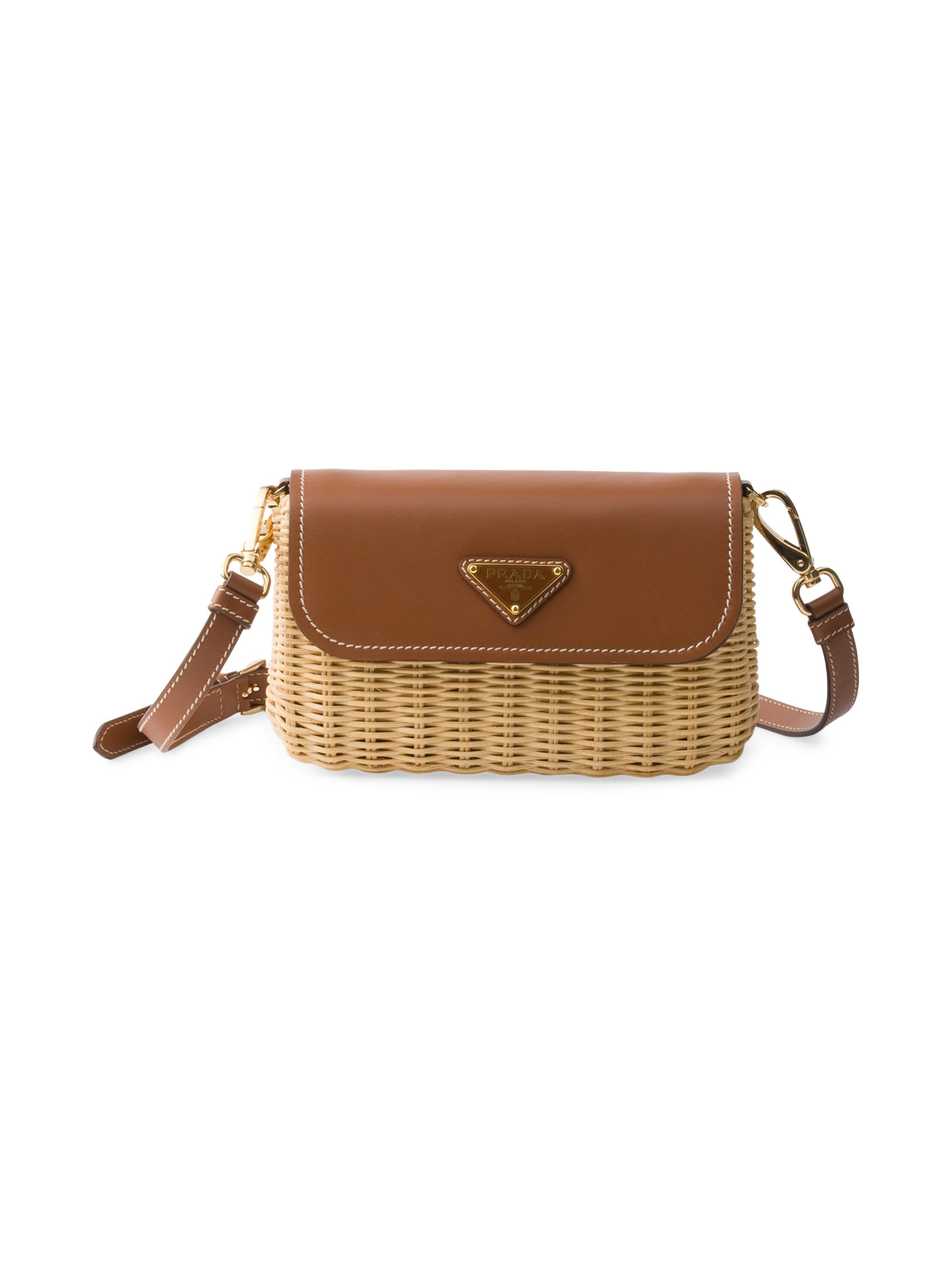 Prada Women's  Wicker and Leather Shoulder Bag - Beige Khaki - Women's Bags