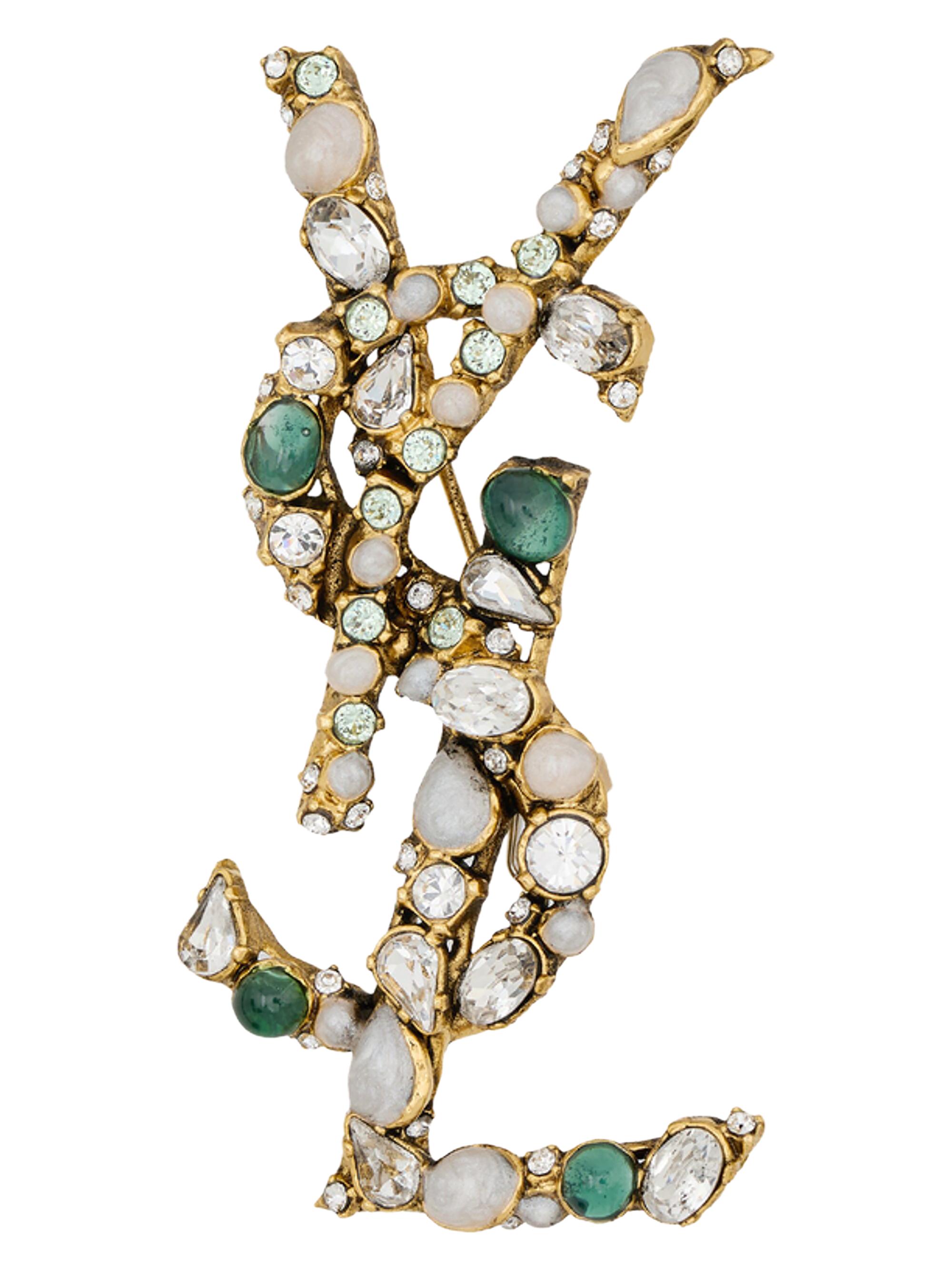 Saint Laurent Women's Cassandre Crystal Brooch - Cream Green Crystal Gold