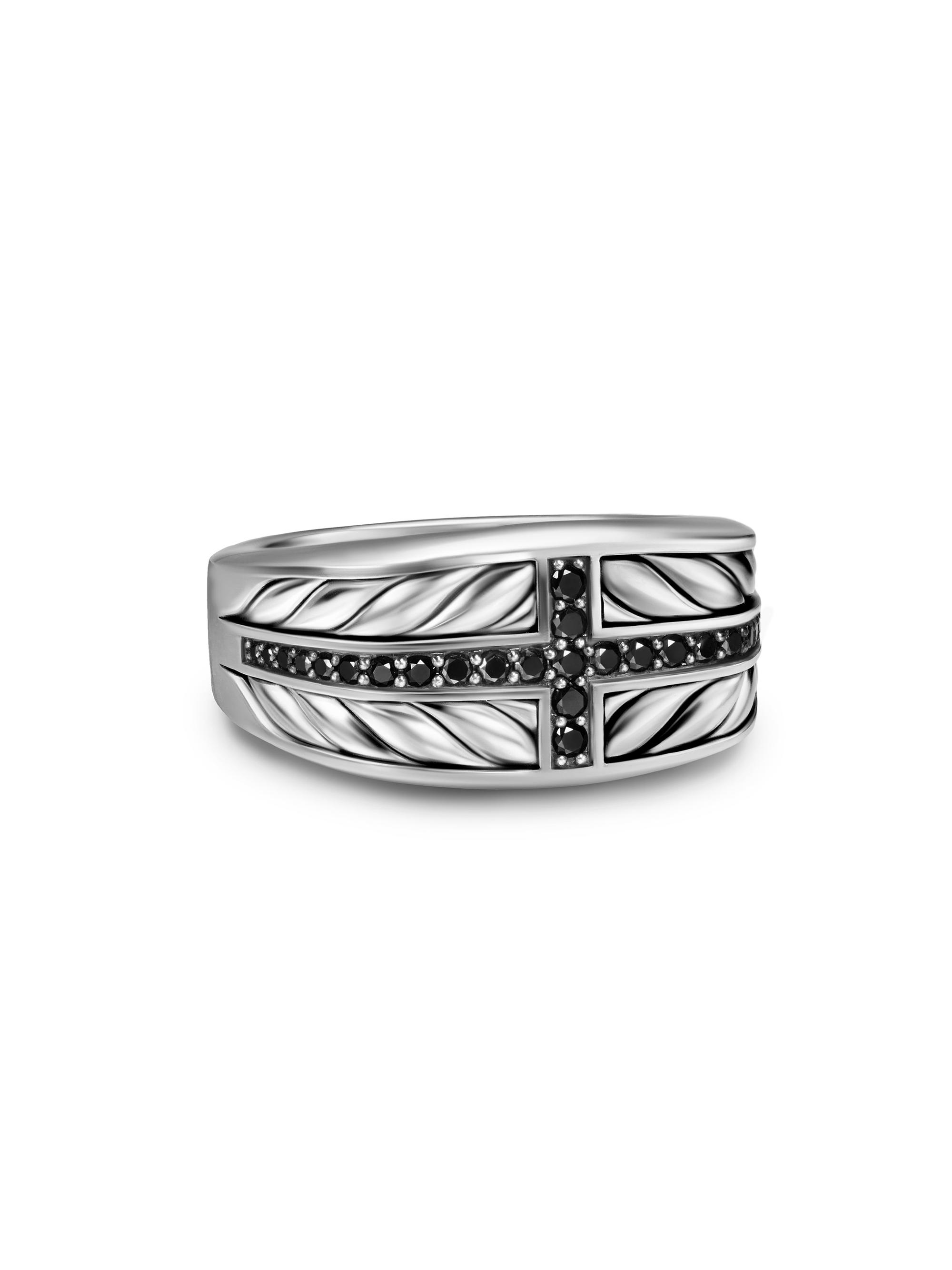David Yurman Men's Chevron Three Sided Signet Ring in Sterling Silver - Black Diamond