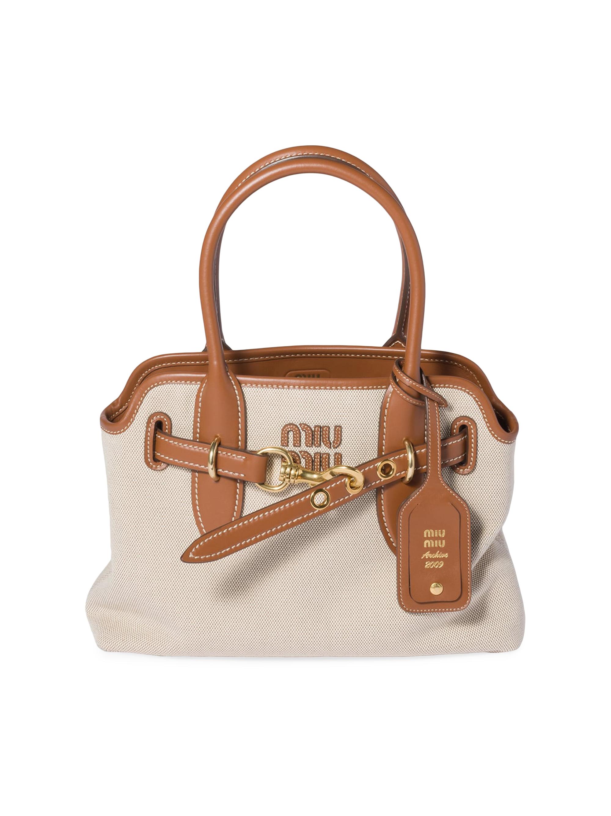 Miu Miu Women's Aventure Canvas and Leather Top Handle Bag - Beige Khaki