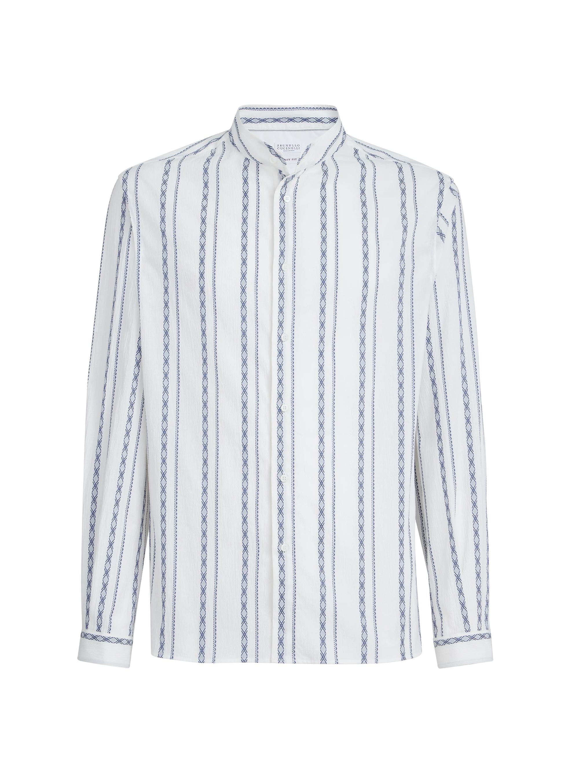 Brunello Cucinelli Men's Ethnic Stripe Seersucker Easy Fit Shirt with Mandarin Collar - White