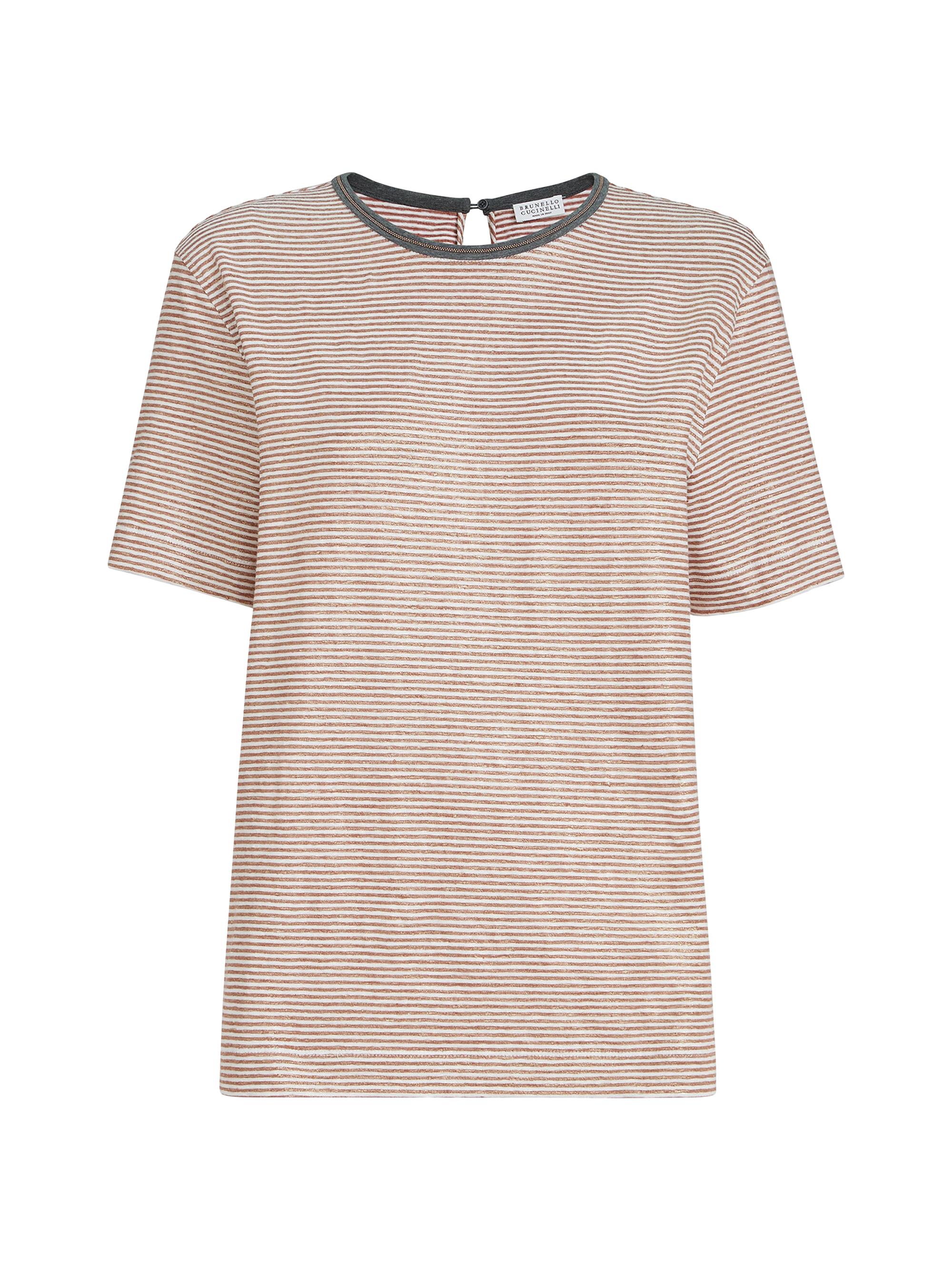 Brunello Cucinelli Women's Striped Linen Jersey T-Shirt with Shiny Trim - Orange