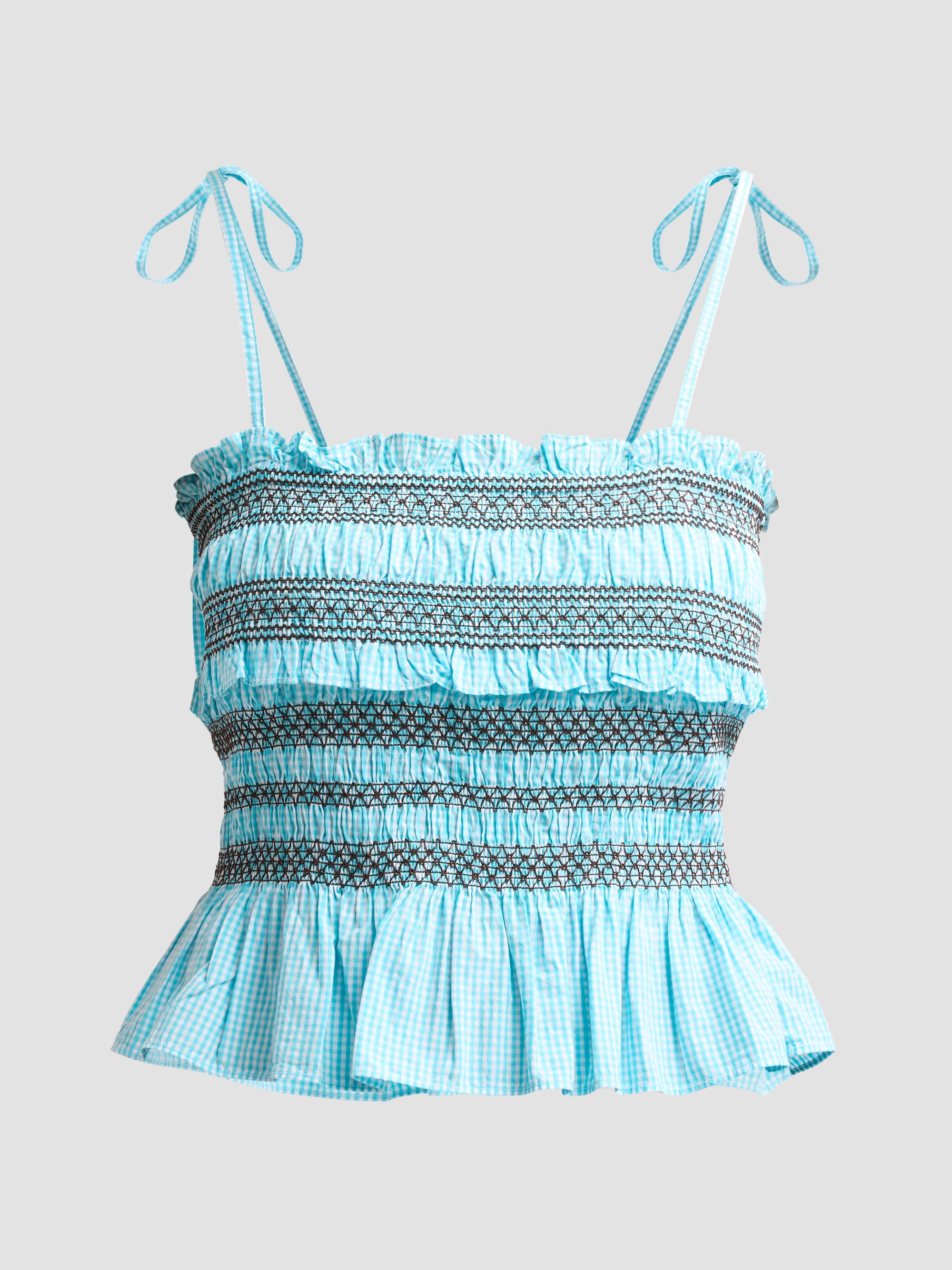 Ganni Women's Check Cotton Smocked Tie-Strap Top - Blue Curacao | Thumbnail 6