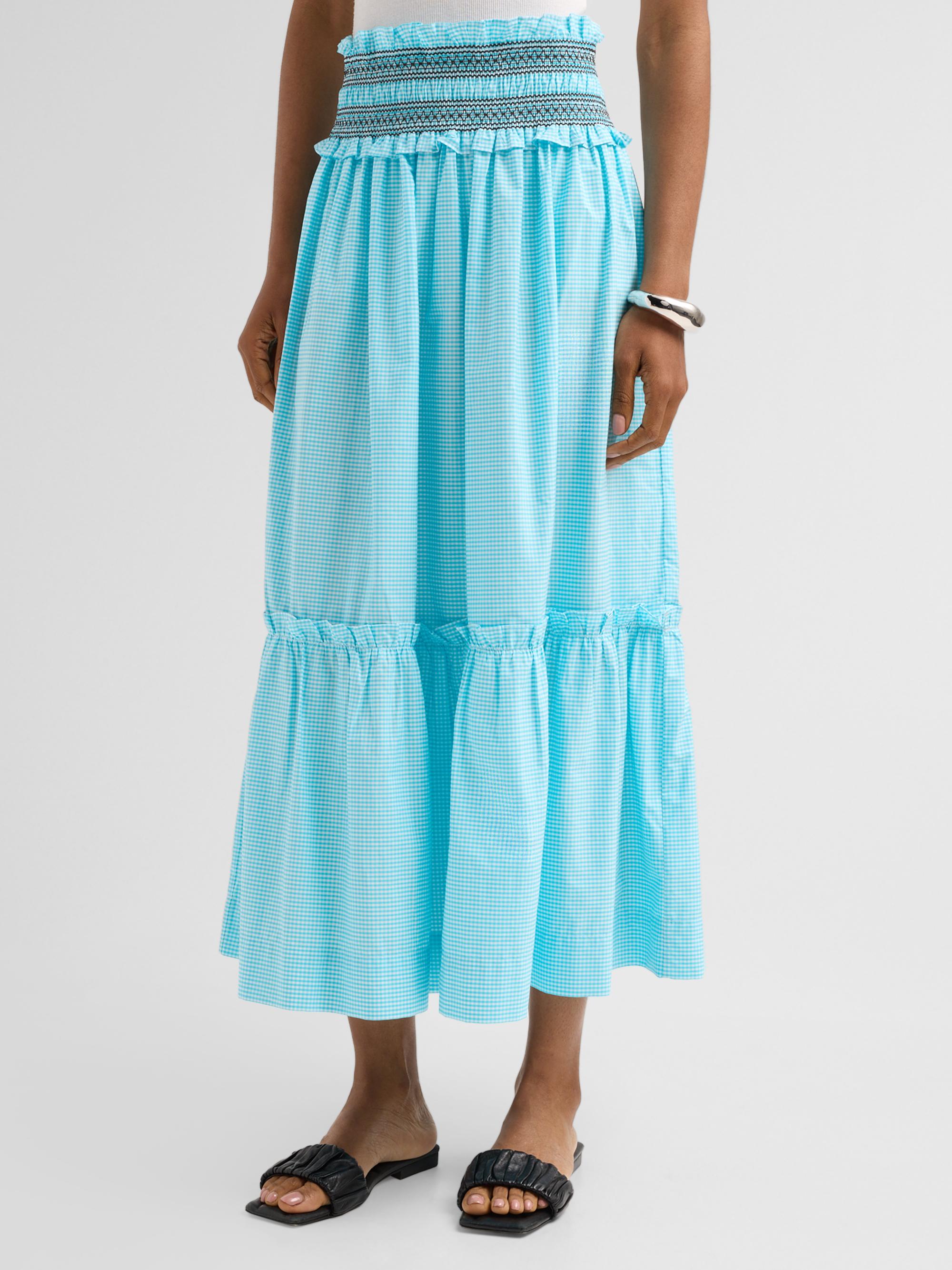 Ganni Women's Check Cotton Smock Waist Skirt - Blue Curacao | Thumbnail 4