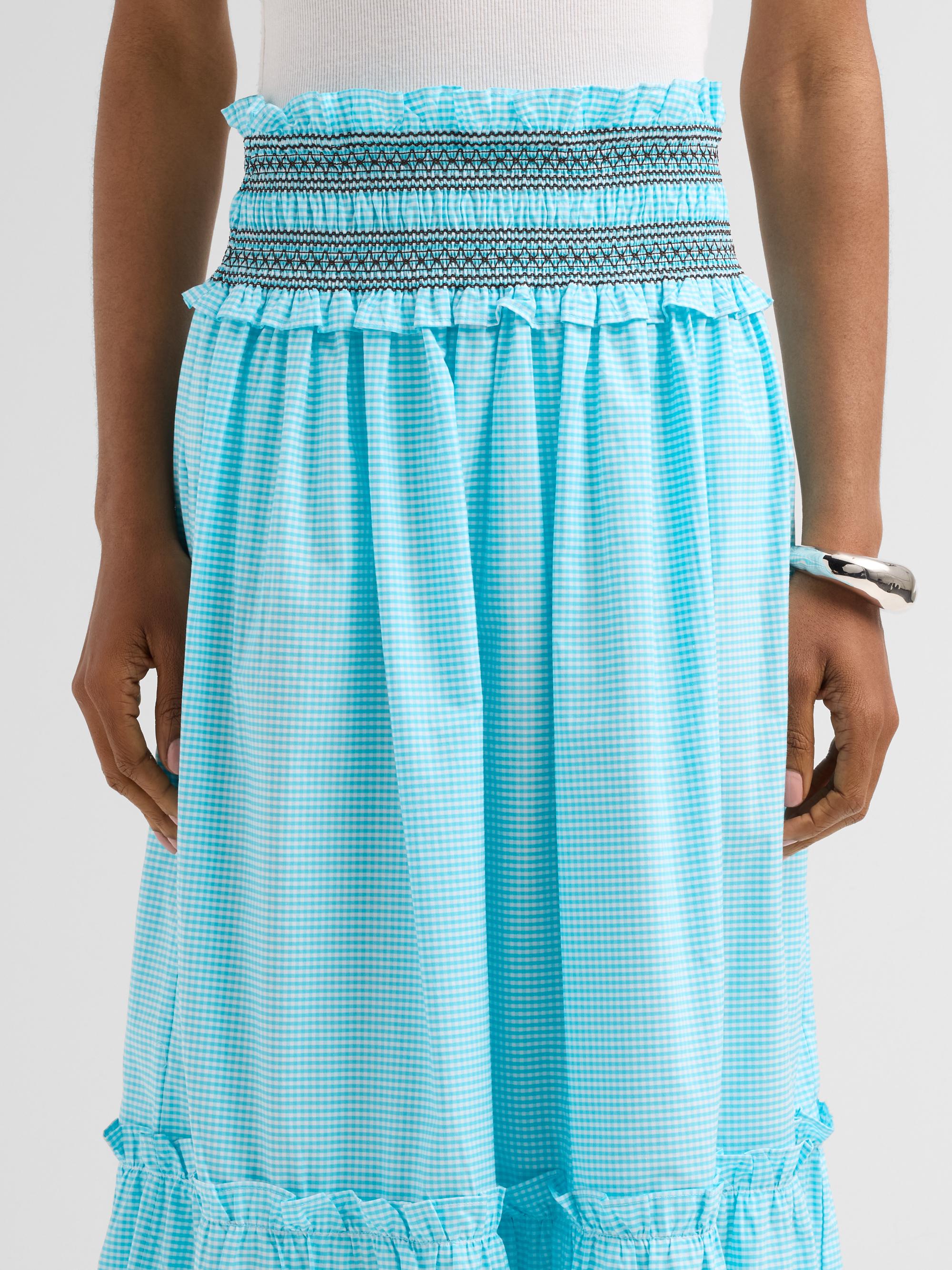 Ganni Women's Check Cotton Smock Waist Skirt - Blue Curacao | Thumbnail 5