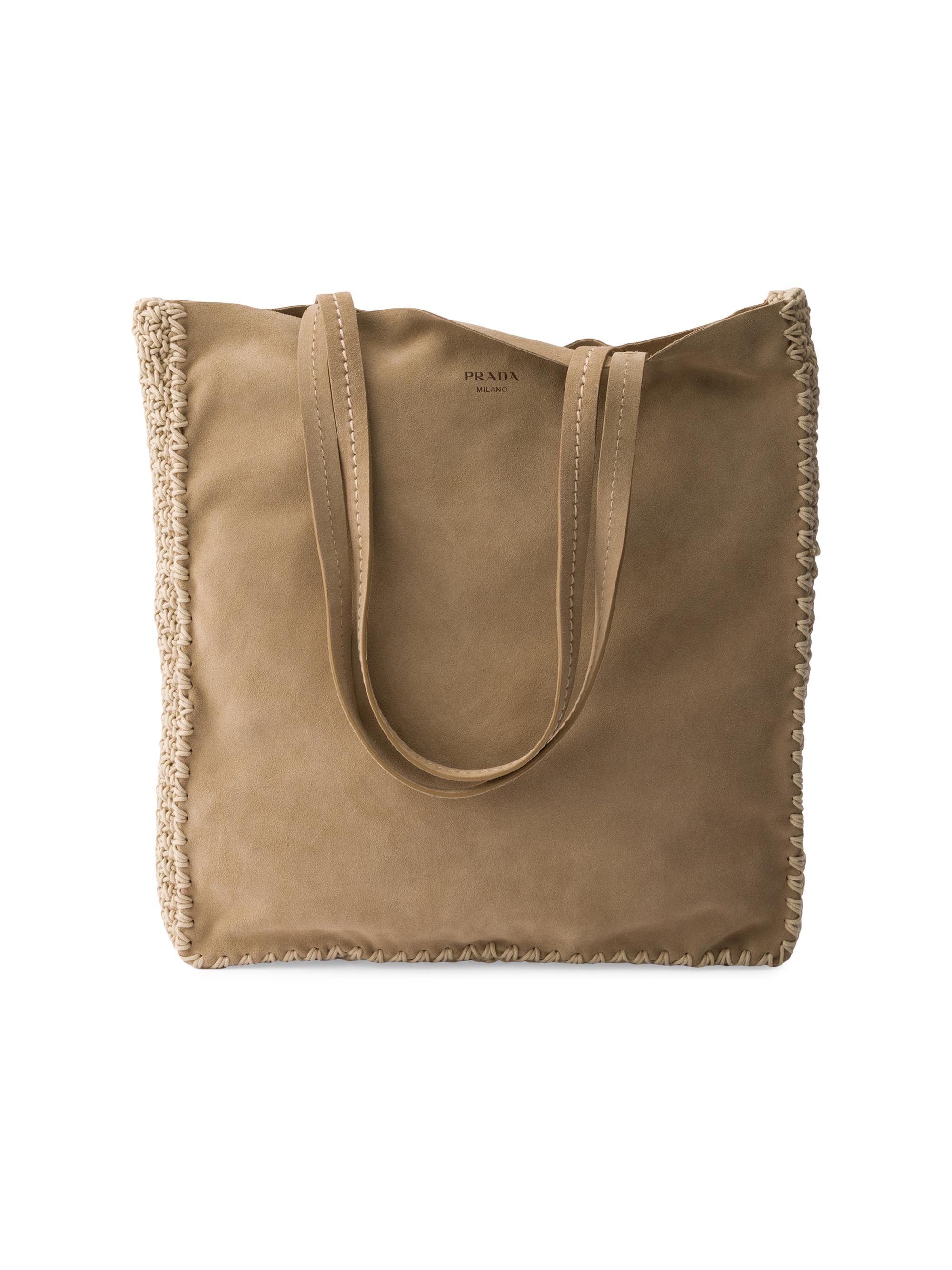 Prada Women's  Suede and Crochet Tote Bag - Beige Khaki