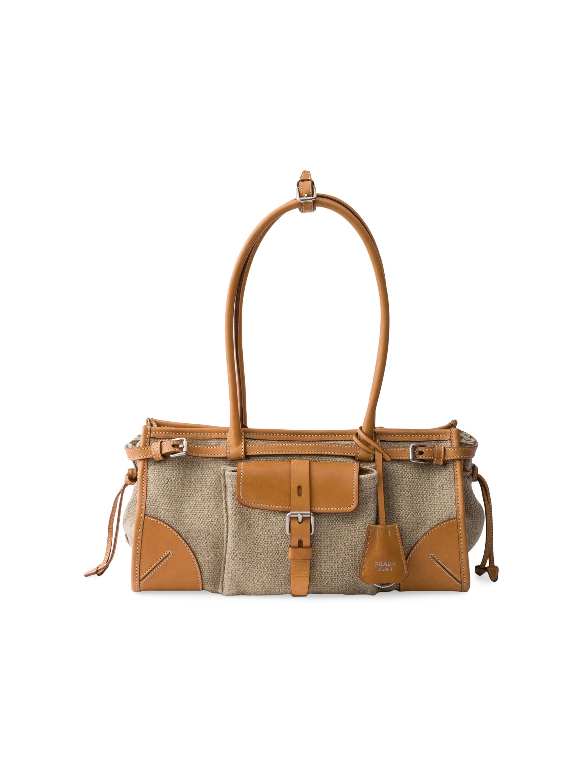 Prada Women's Bonnie  Linen and Leather East West Bag - Beige Khaki