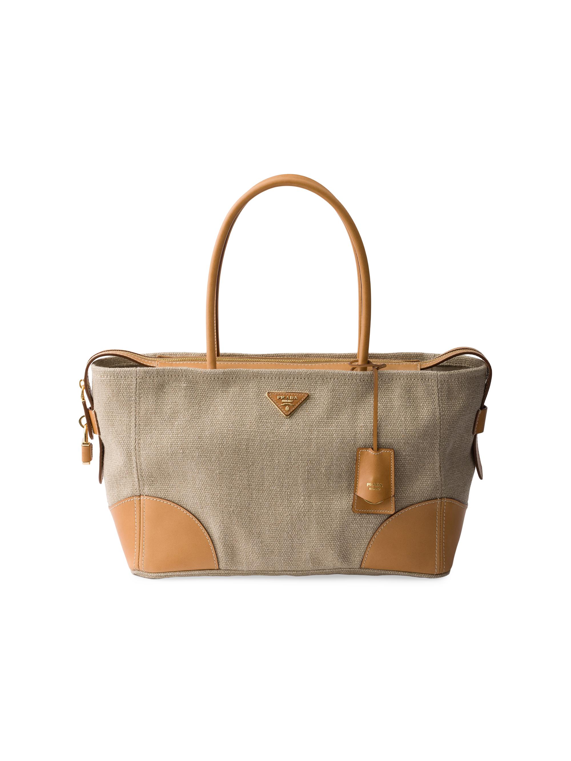 Prada Women's  Linen and Leather Tote Bag - Beige Khaki