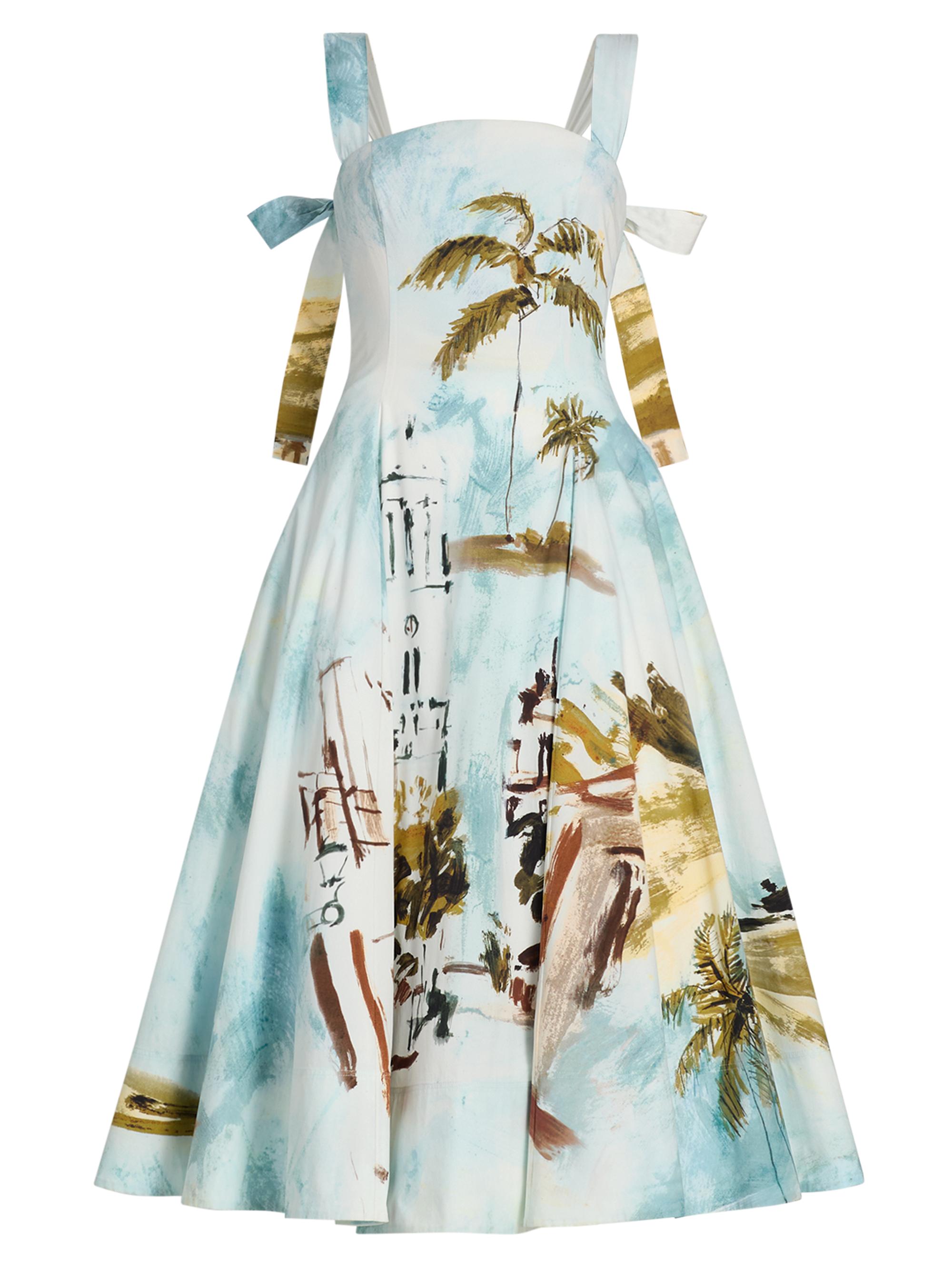 Oscar de la Renta Women's Landscape-Print Cotton Poplin Midi-Dress - Blue Green Multi | Thumbnail 8