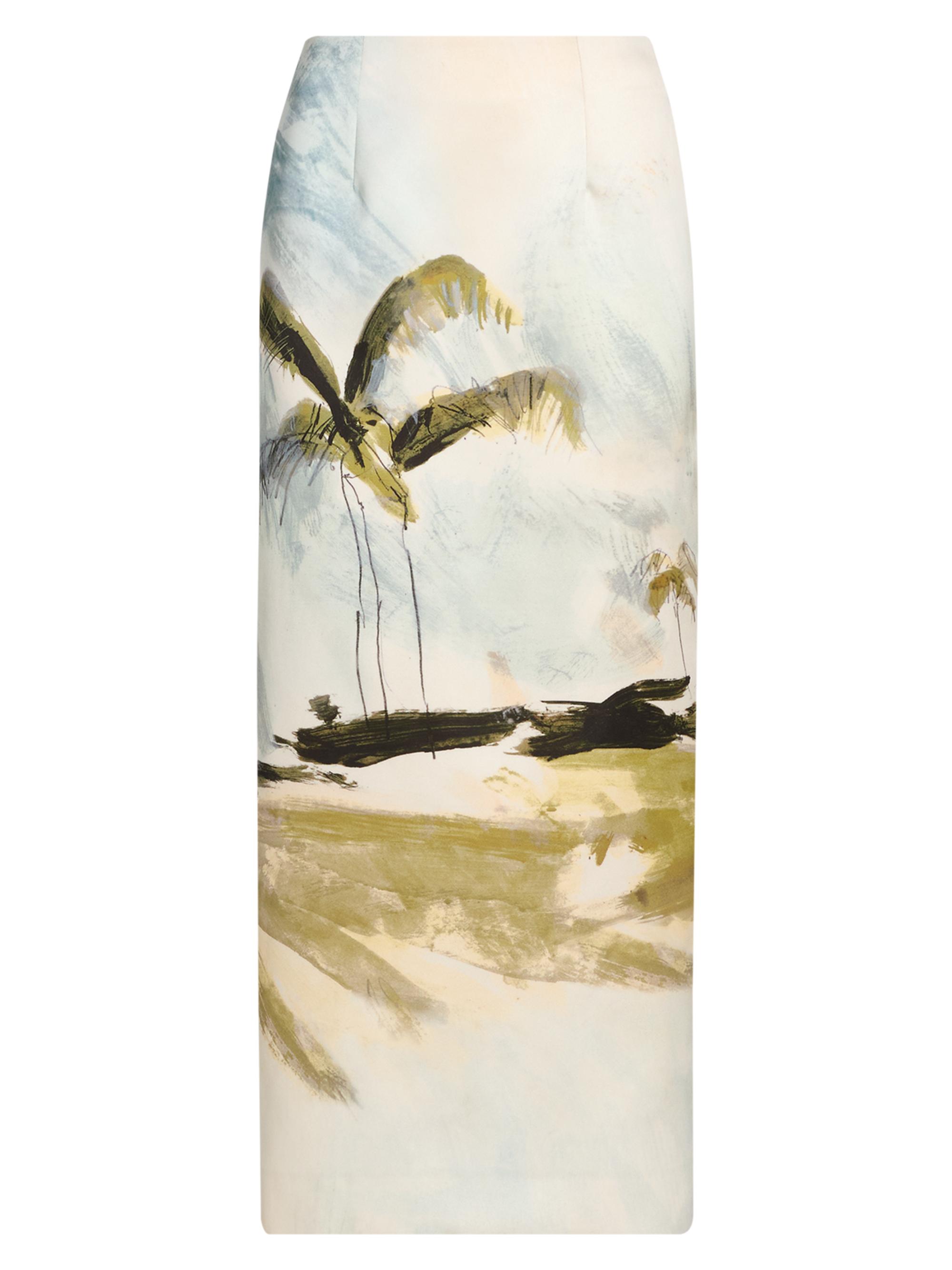 Oscar de la Renta Women's Palm Tree-Print Satin Pencil Midi-Skirt - Blue Green Multi