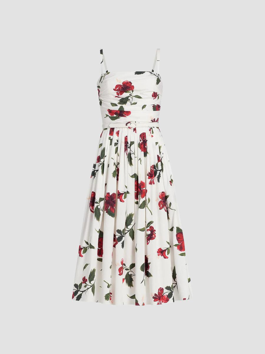 Oscar de la Renta Hibiscus Cotton Poplin Belted Midi-Dress | Saks