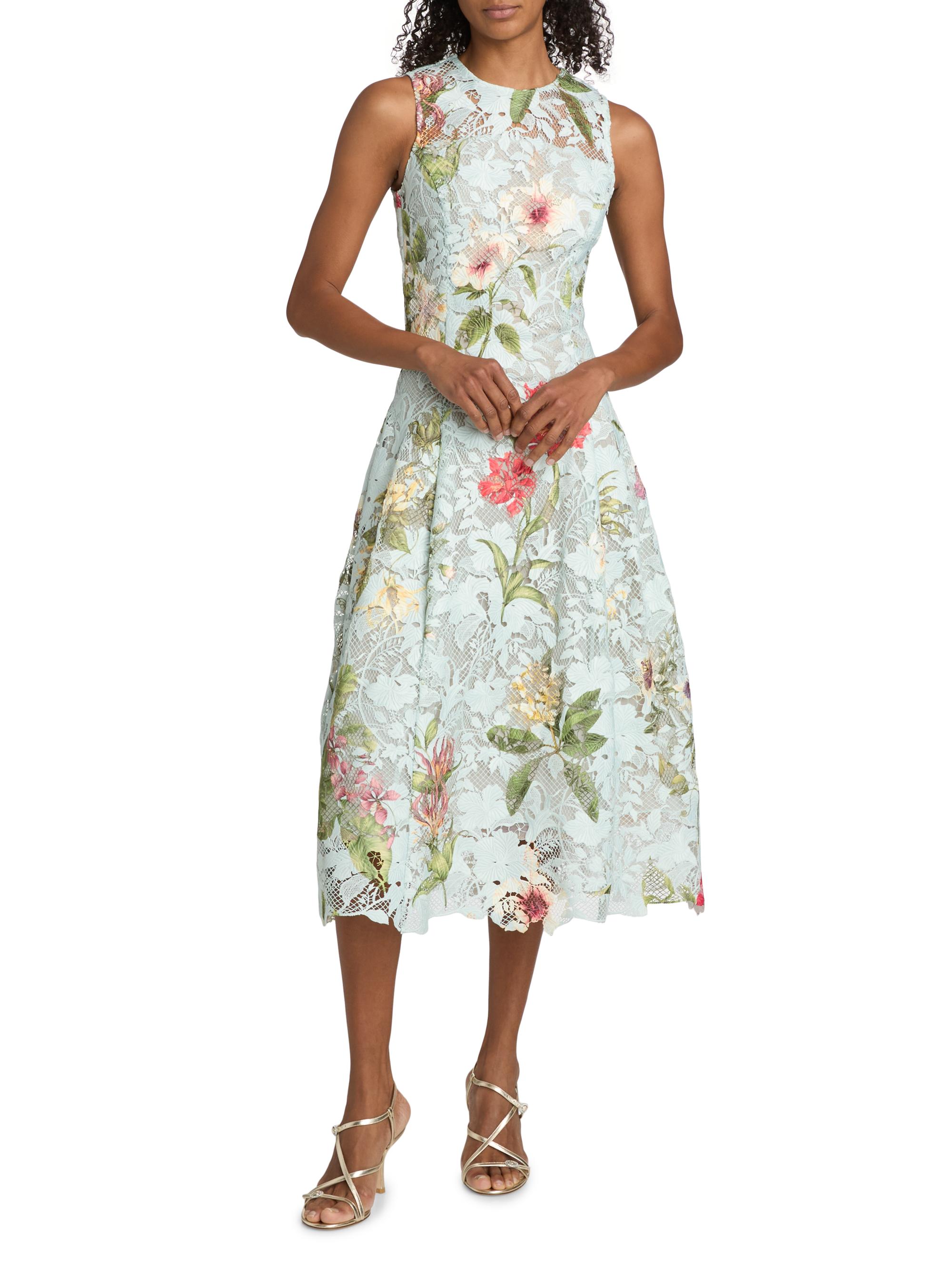 Oscar de la Renta Women's Floral-Print Lace Midi-Dress - Salt Water Multi | Thumbnail 3