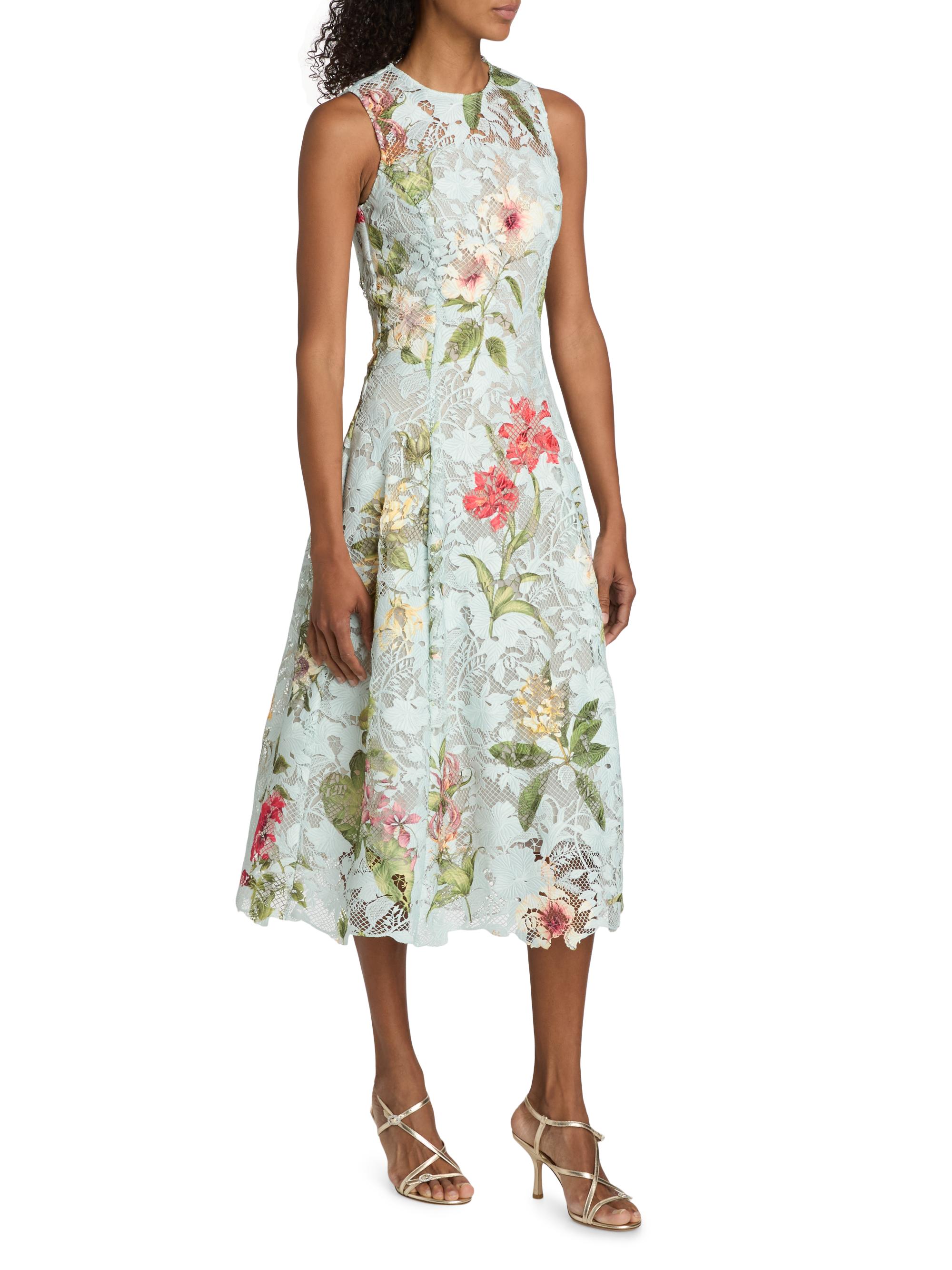 Oscar de la Renta Women's Floral-Print Lace Midi-Dress - Salt Water Multi | Thumbnail 4
