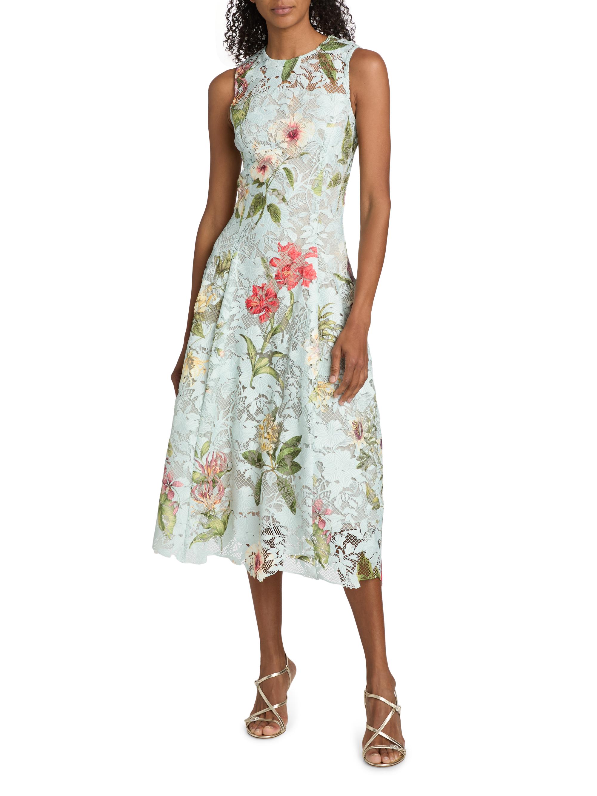 Oscar de la Renta Floral-Print Lace Midi-Dress | Saks Fifth Avenue
