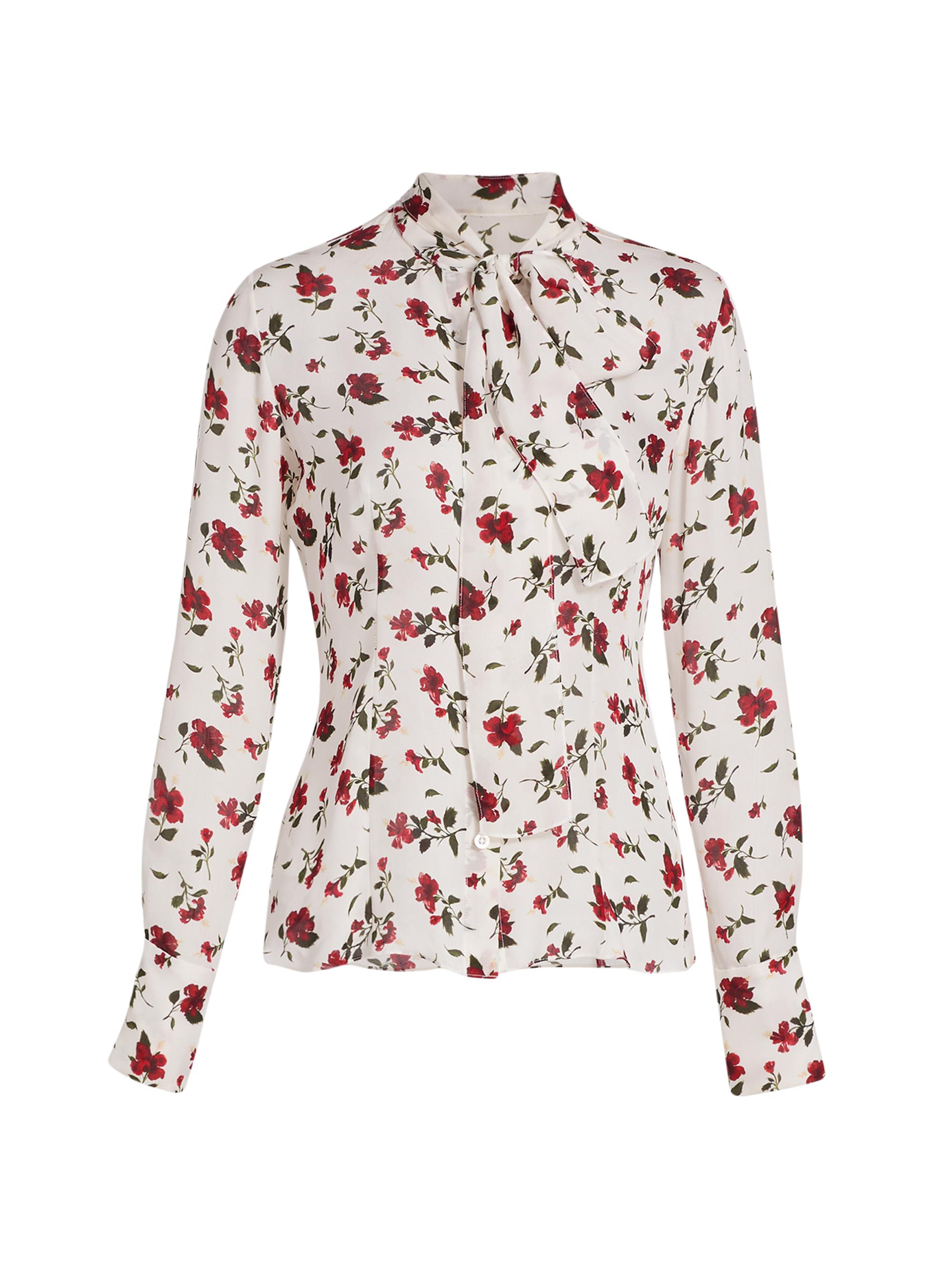 Oscar de la Renta Women's Hibiscus-Print Silk Button-Front Blouse - Red White