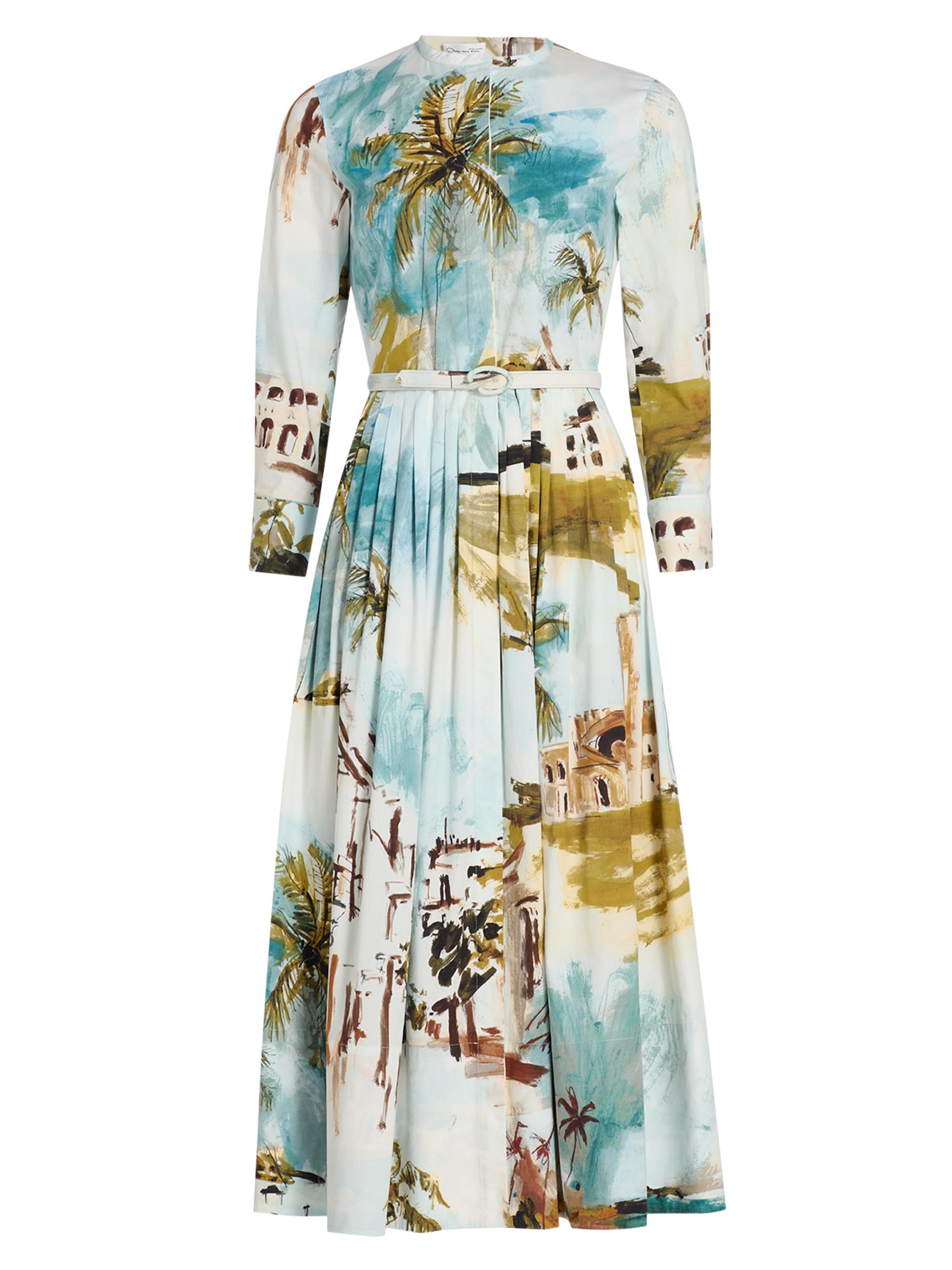 Oscar de la Renta Women's Landscape-Print Cotton Poplin Midi-Shirtdress - Blue Green Multi