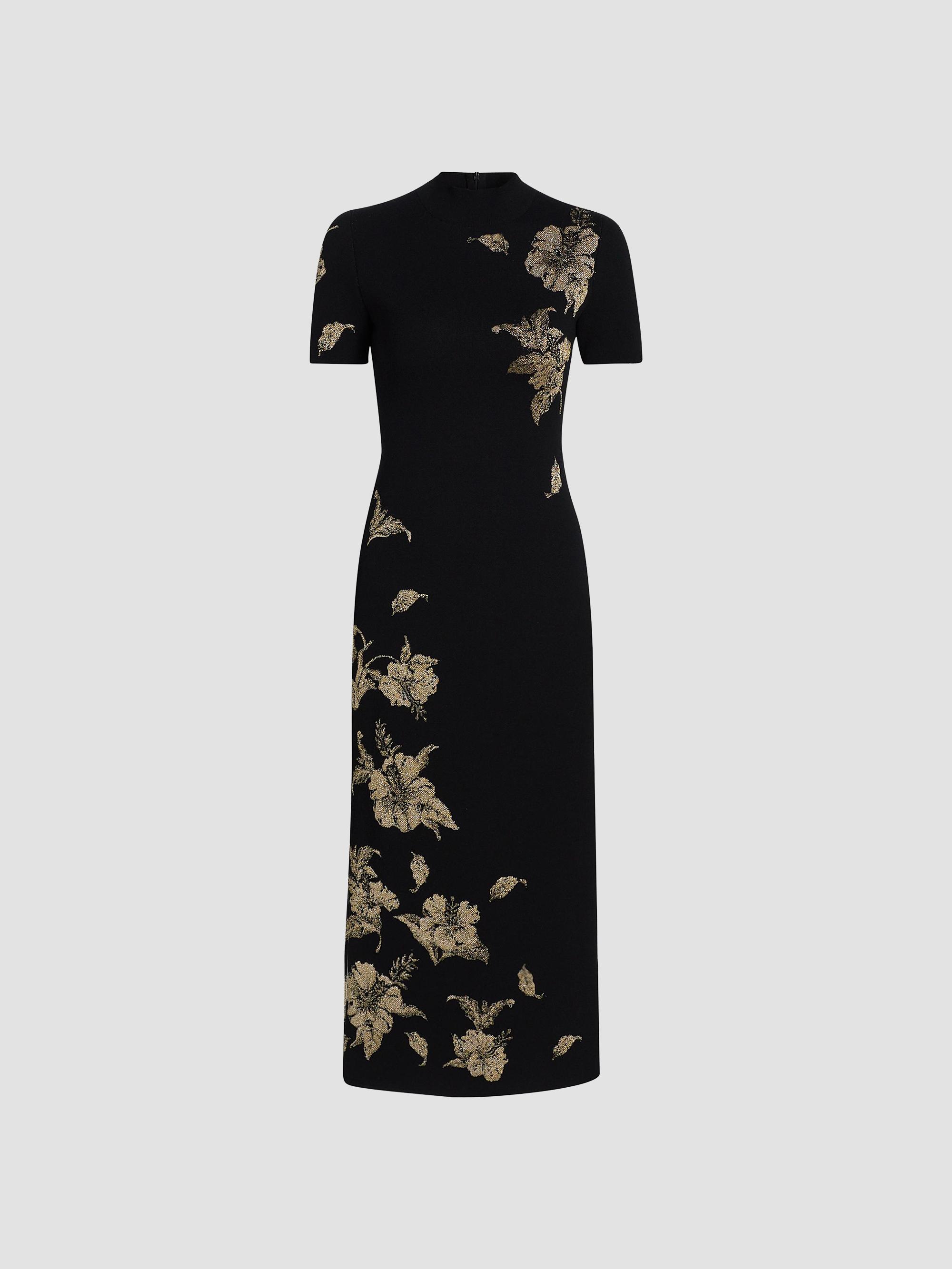 black oscar de la renta dress Metallic Hibiscus Flower Knit Short-Sleeve Midi Dress, Black, Women's, XS George Men's & Big satin sheath dress Color:ORANGE A refined silhouette that