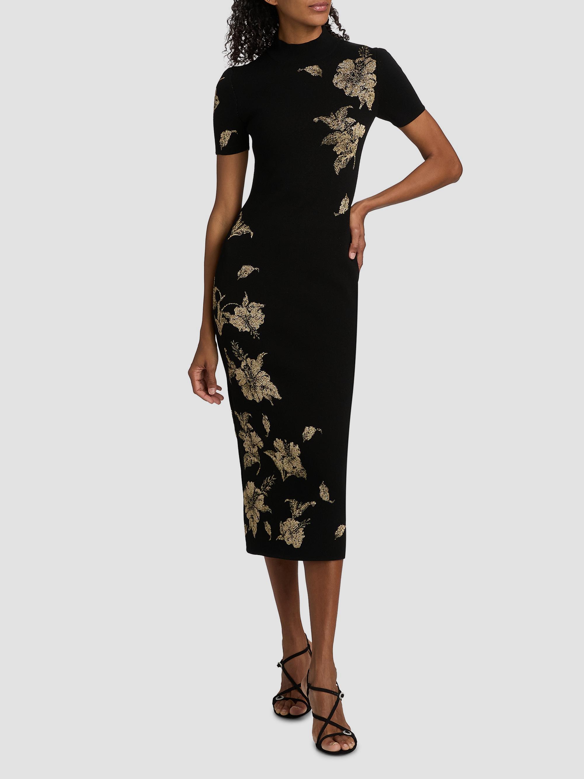 floral metallic jacquard cocktail dress Oscar de La Renta Hibiscus Flower Knit Short-Sleeve Midi Dress, Black, Women's, XS W352026MonDayA practical finish Color:Kate-Blue Baltic Born Womens Margaux Off shoulder