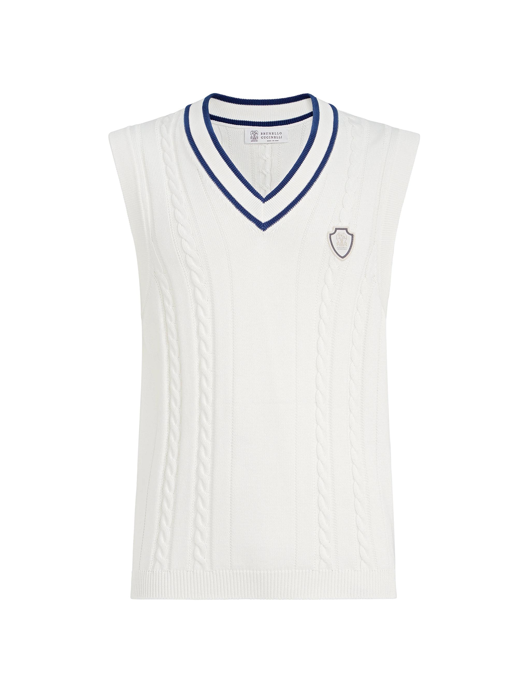 Brunello Cucinelli Men's Cotton Cable Knit Sweater Vest with Logo - Panama