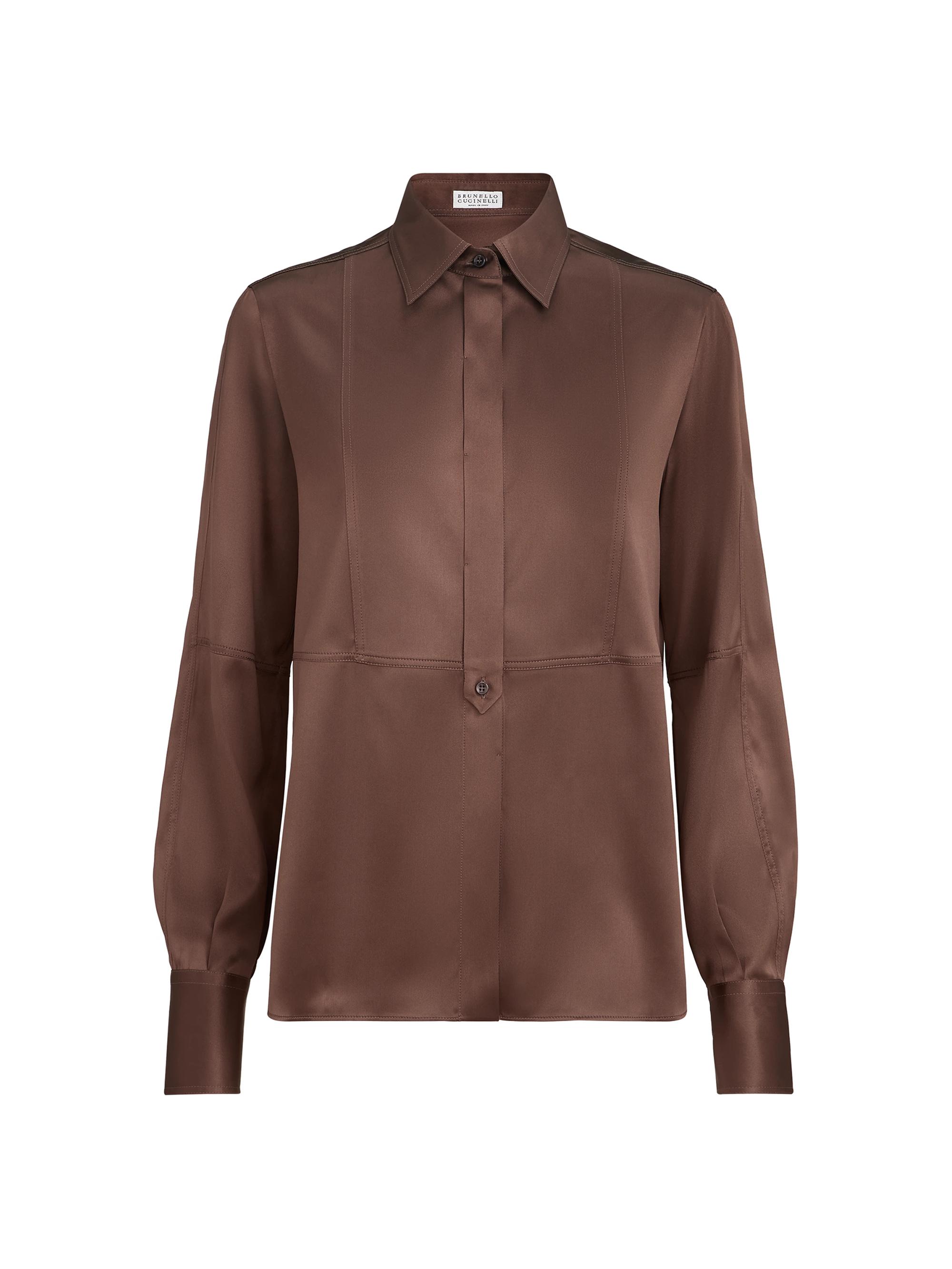 Brunello Cucinelli Women's Stretch Silk Satin Shirt with Monili - Cocoa