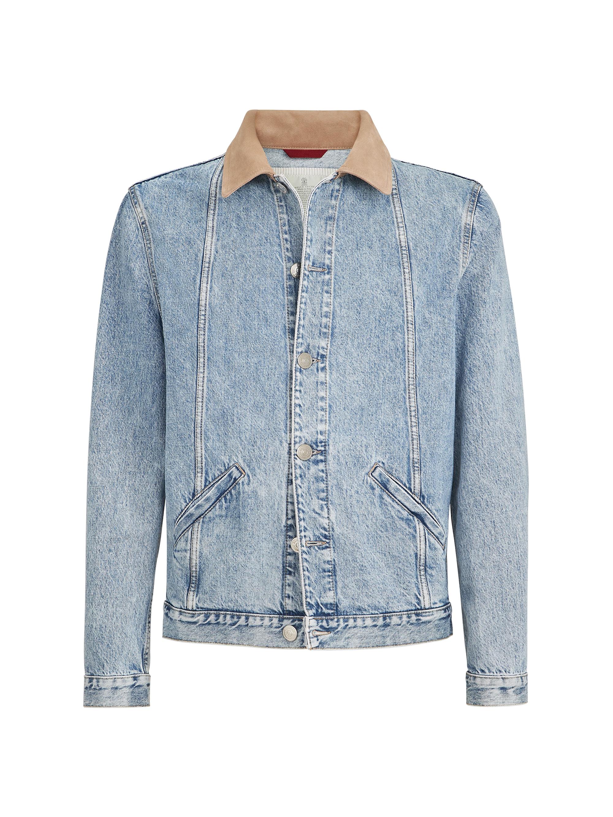 Brunello Cucinelli Men's Denim Outerwear Jacket with Suede Collar - Light Denim
