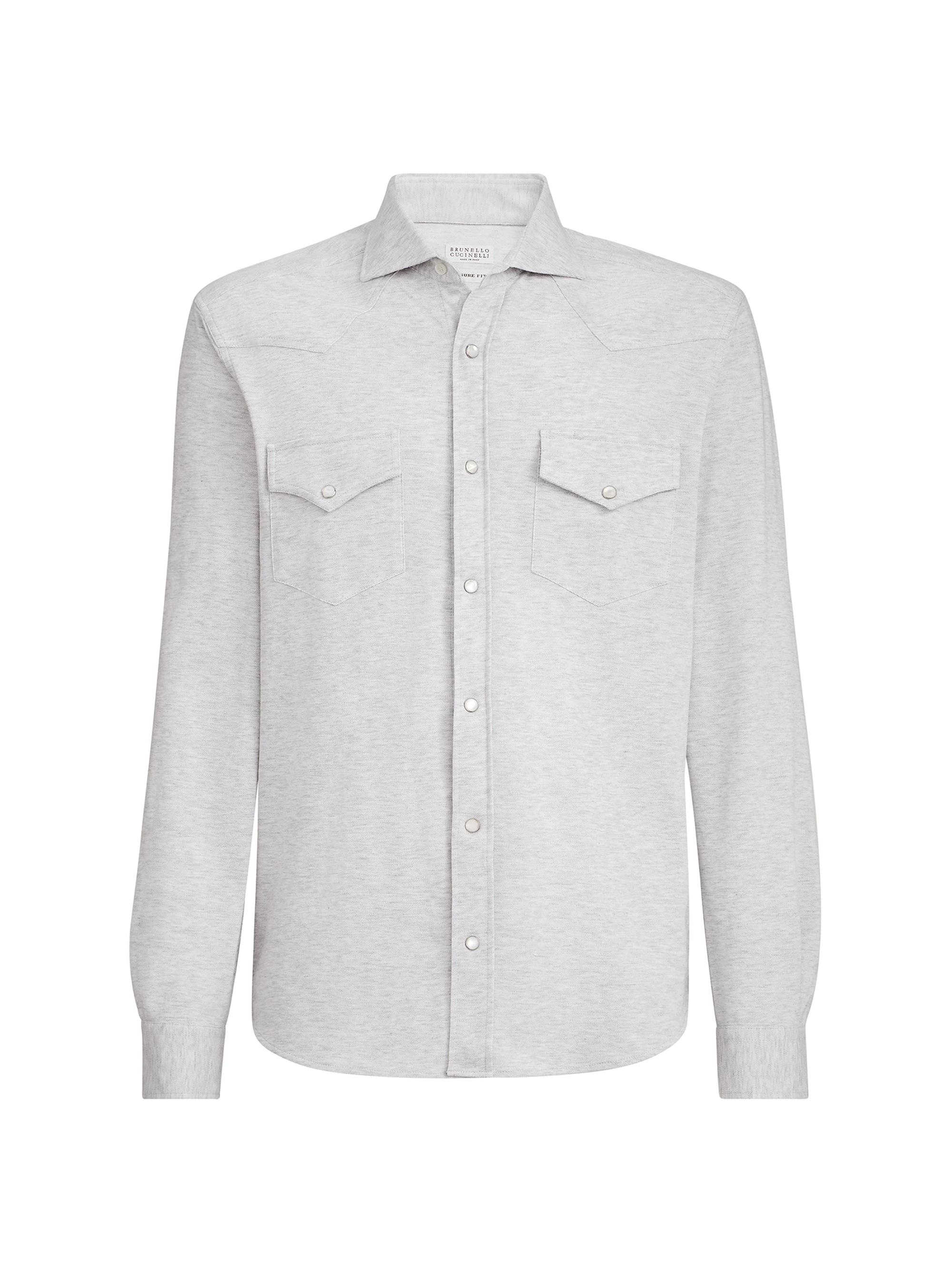 Brunello Cucinelli Men's Cotton Piqué Western Shirt - Light Grey