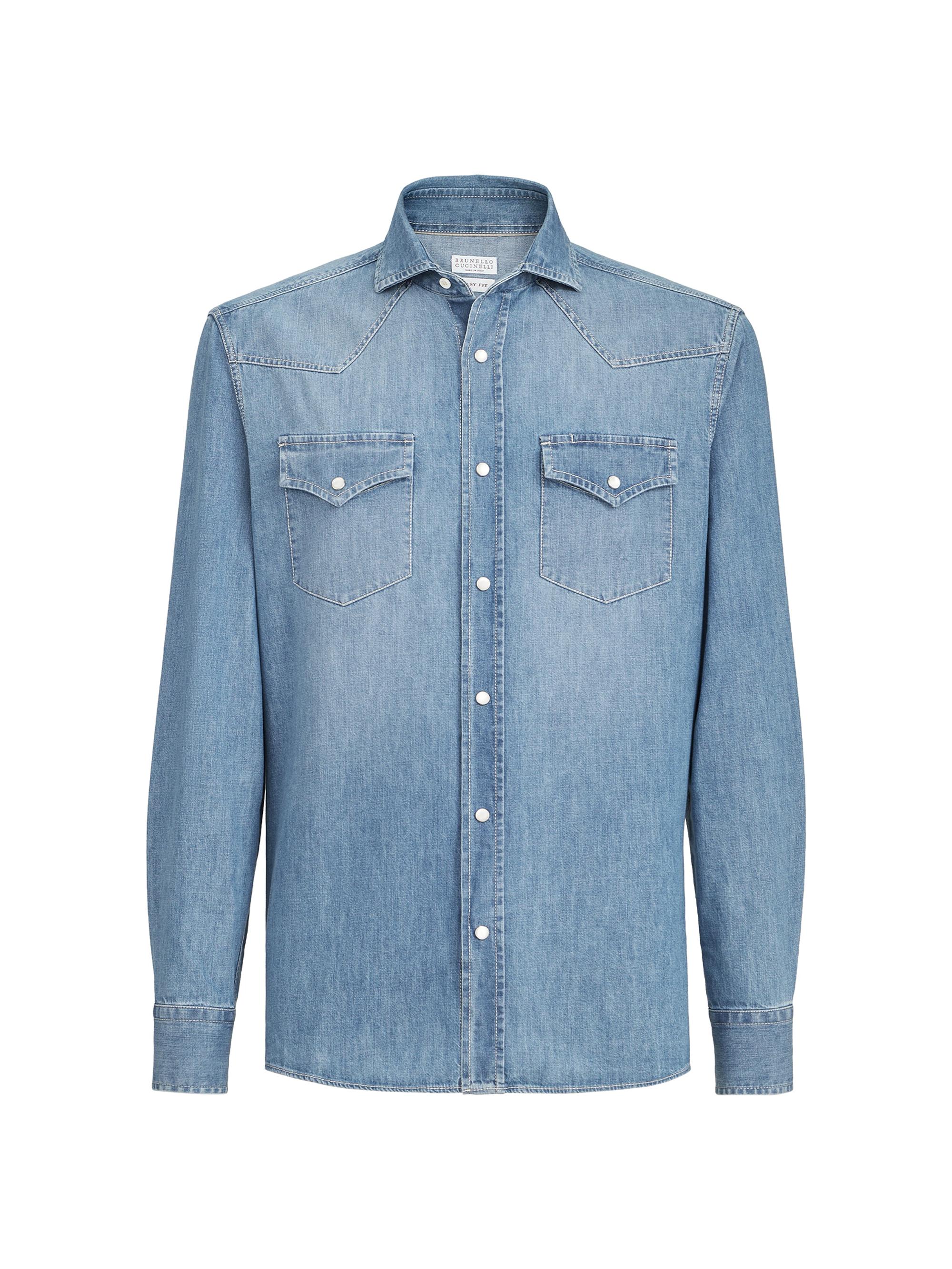 Brunello Cucinelli Men's Lightweight Denim Easy Fit Western Shirt - Medium Denim
