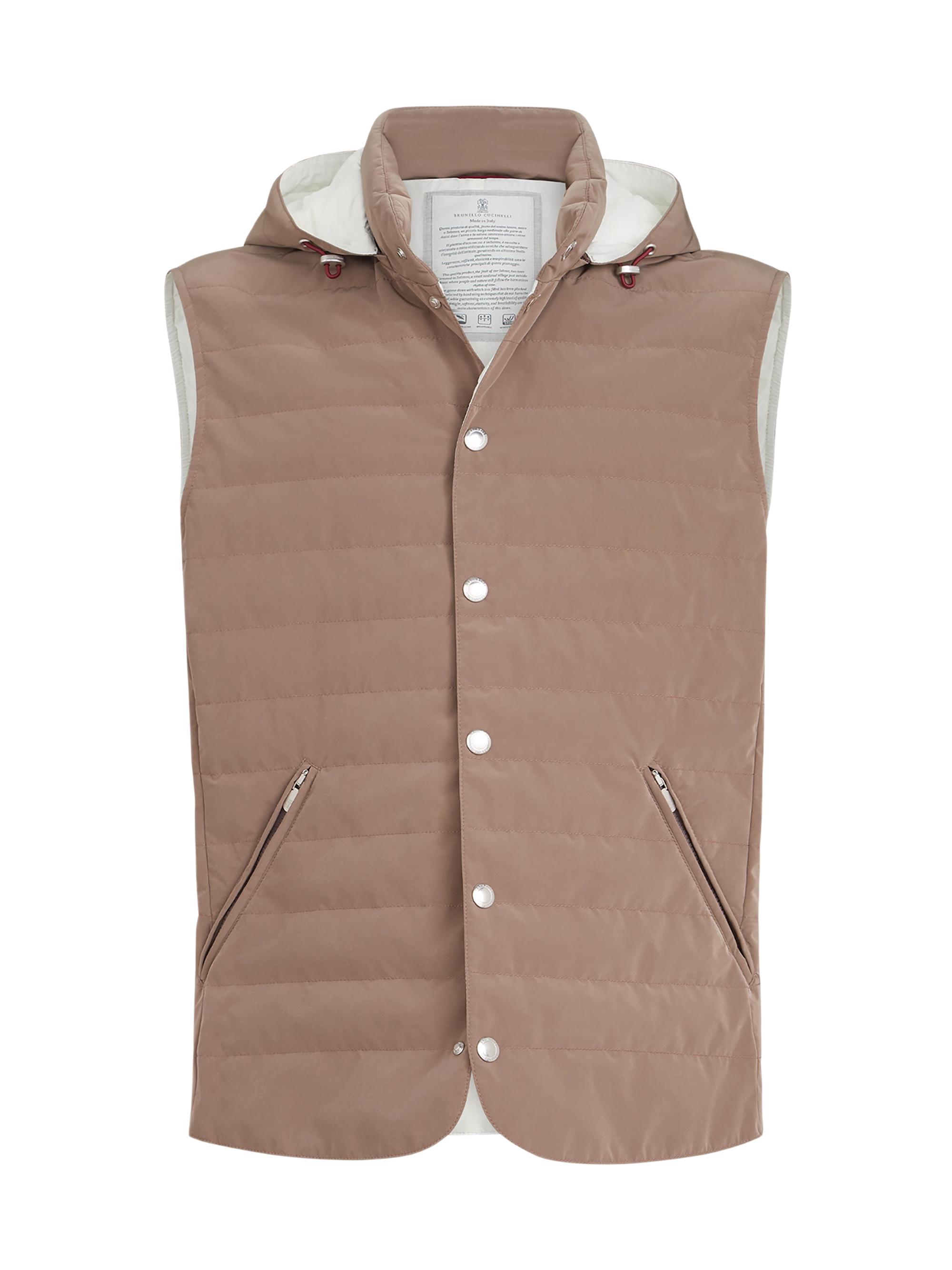 Brunello Cucinelli Men's Bonded Nylon Down Vest with Detachable Hood - Hazelnut