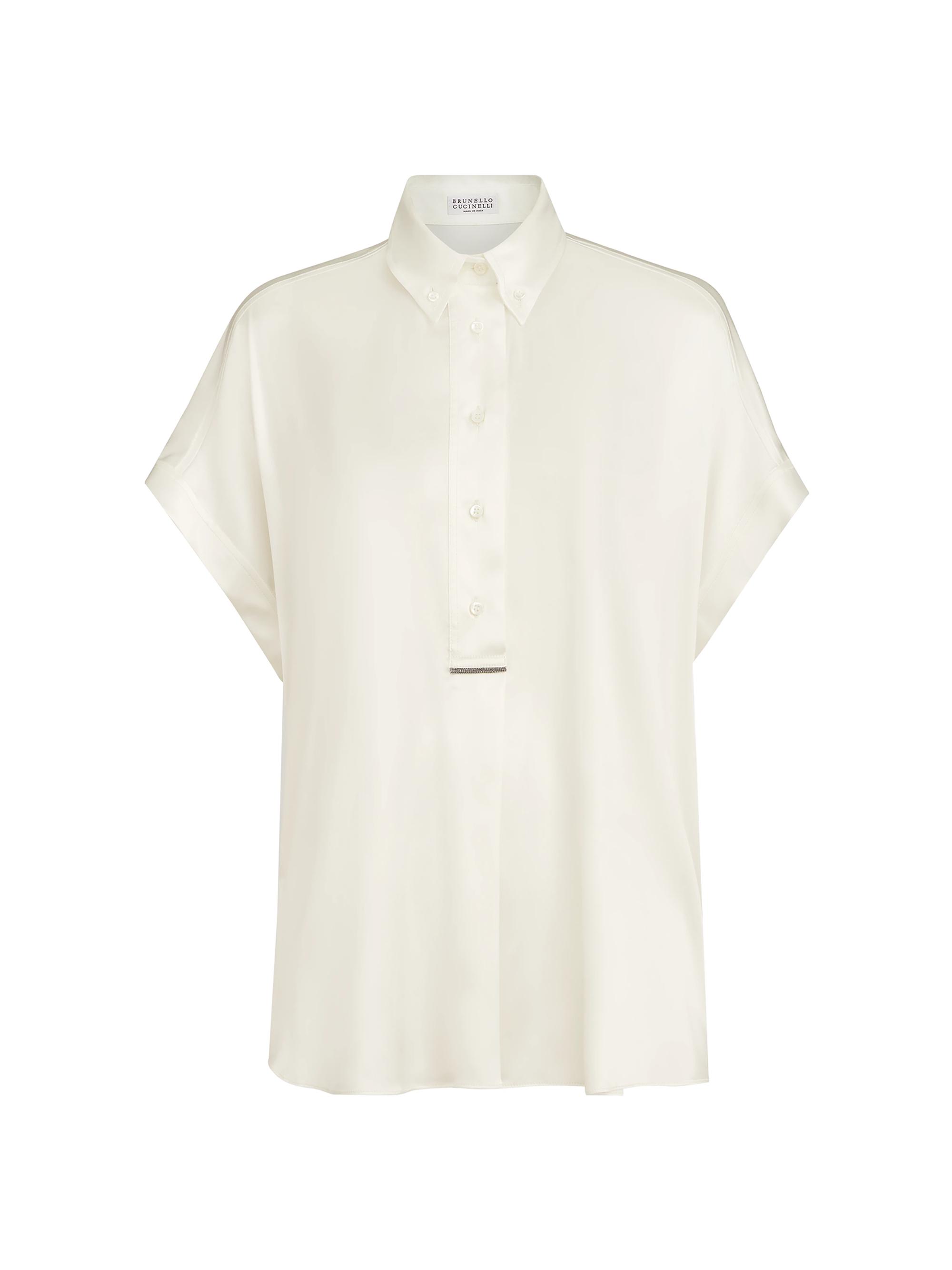 Brunello Cucinelli Women's Stretch Silk Satin Short Sleeve Shirt with Monili - White