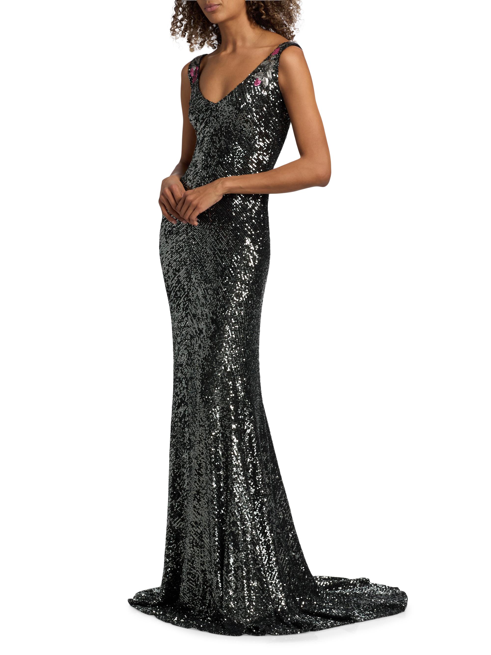 Naeem Khan Women's Floral Sequined Sleeveless Gown - Gunmetal Multi | Thumbnail 4