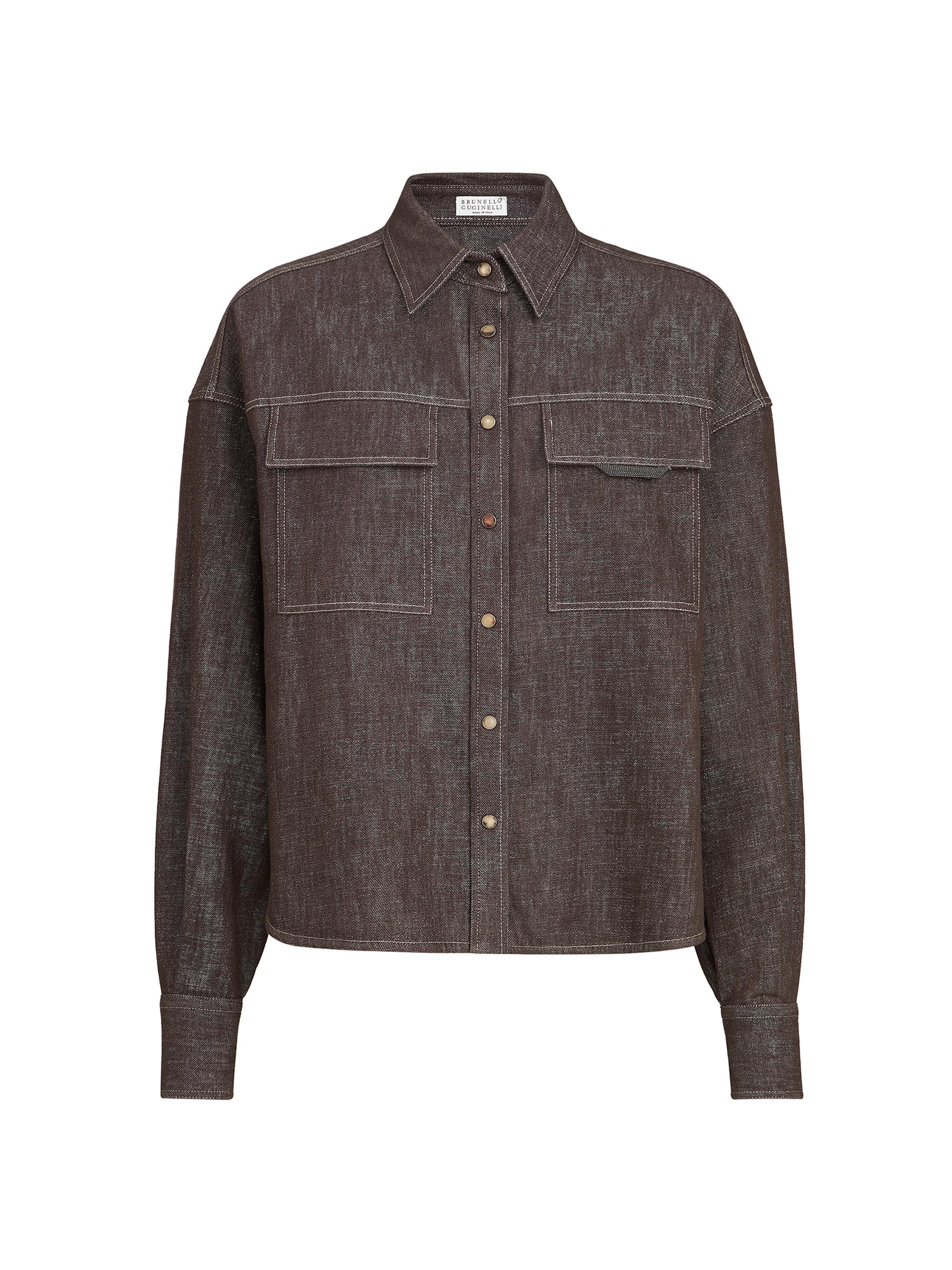 Brunello Cucinelli Women's Sparkling No Fade Denim Shirt with Shiny Flap Detail - Cocoa