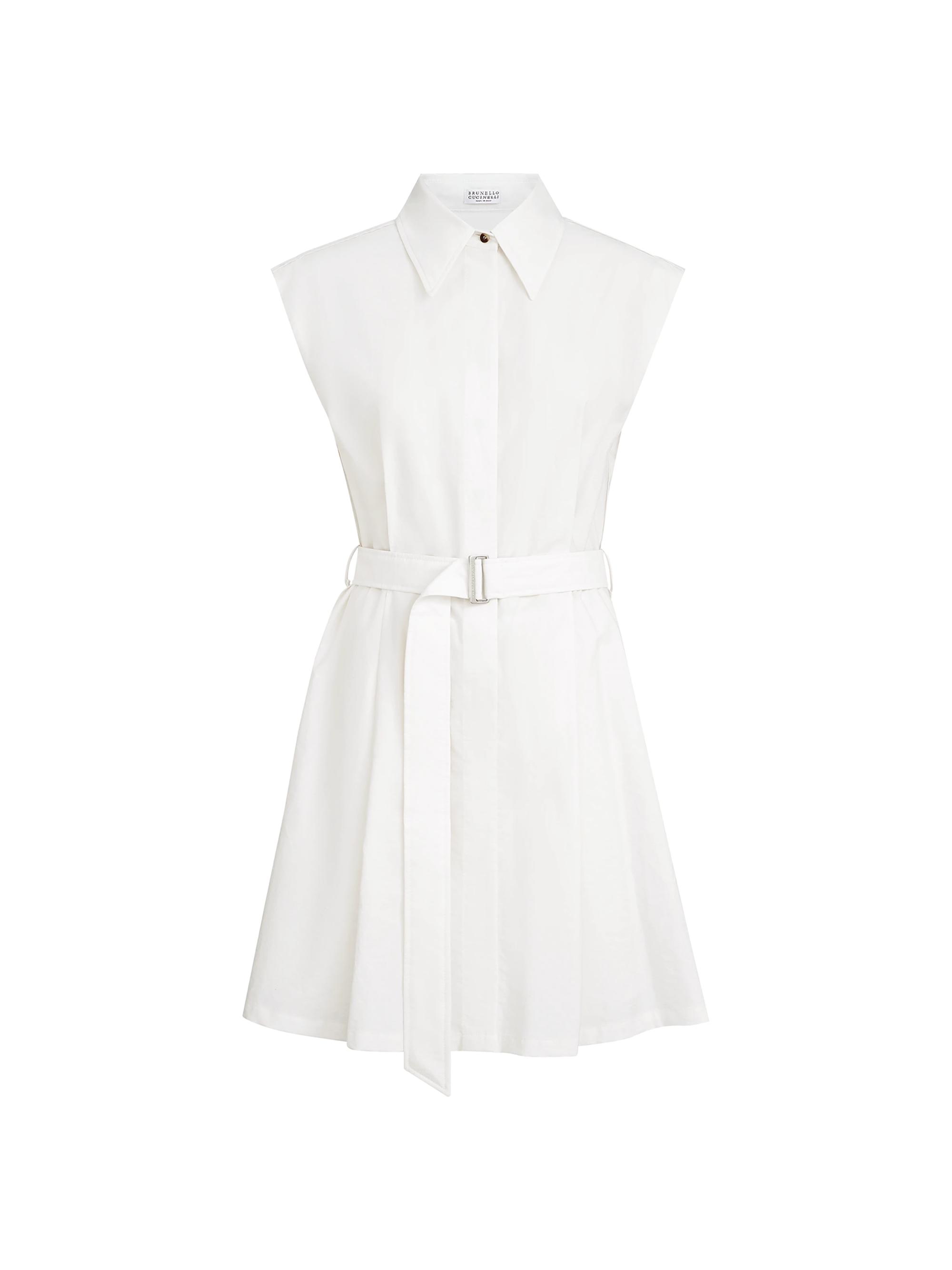 Brunello Cucinelli Women's Techno Cotton Texture Twill Belted Mini Shirt Dress with Monili - Panama