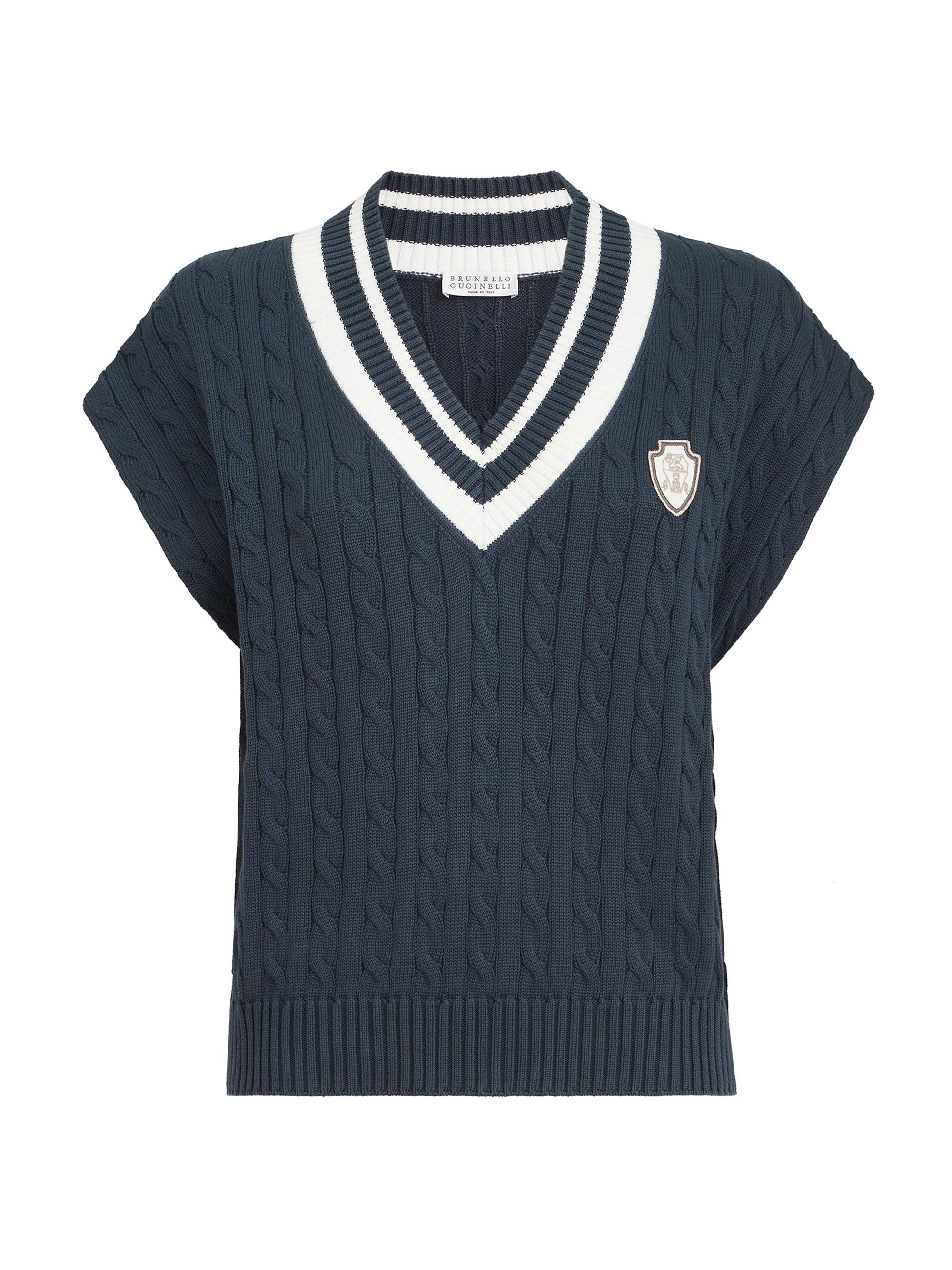 Brunello Cucinelli Women's Cotton Cable Knit Sweater with Logo - Blue