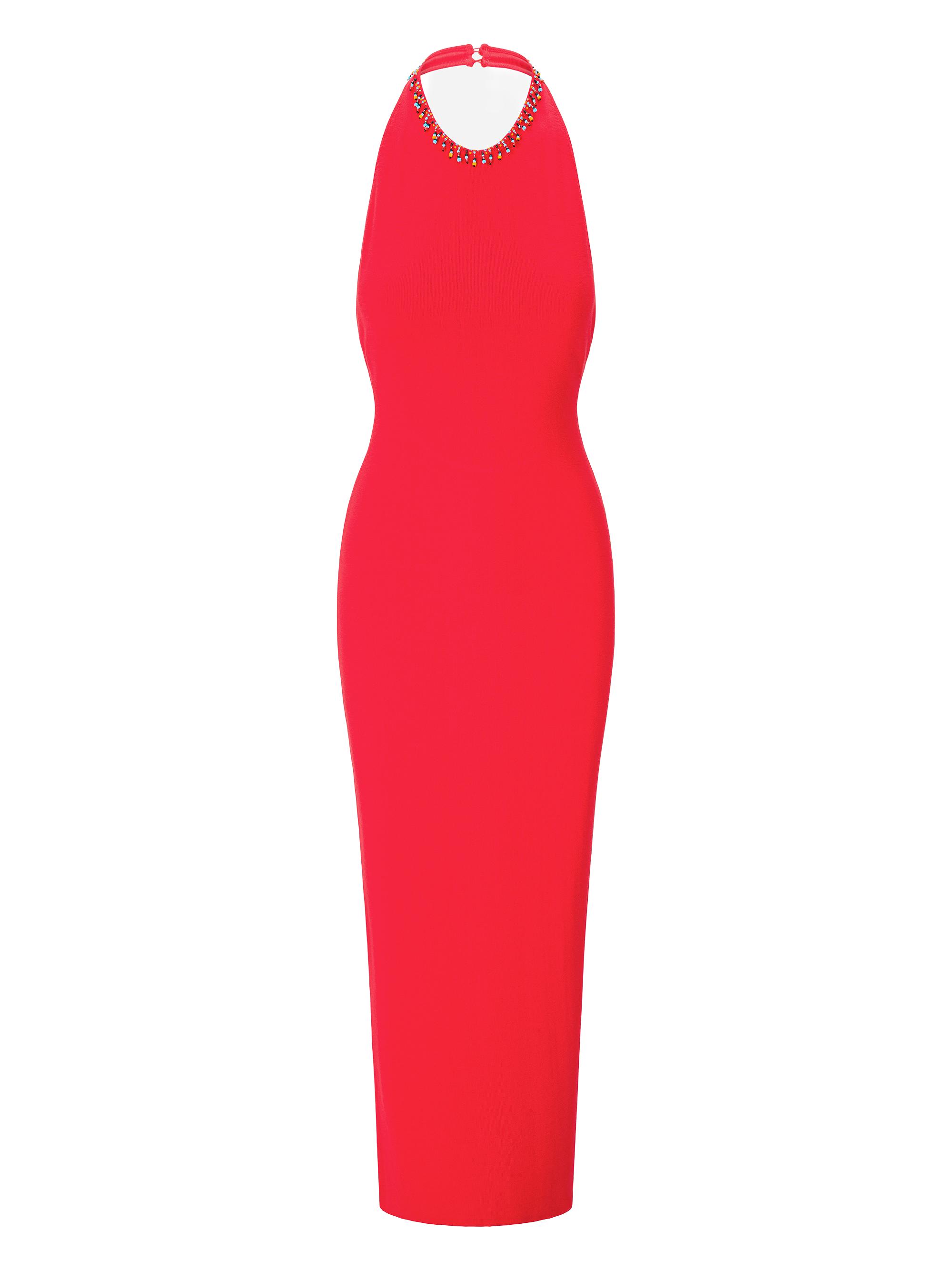 Reina Beaded Fringe Maxi Halter Dress