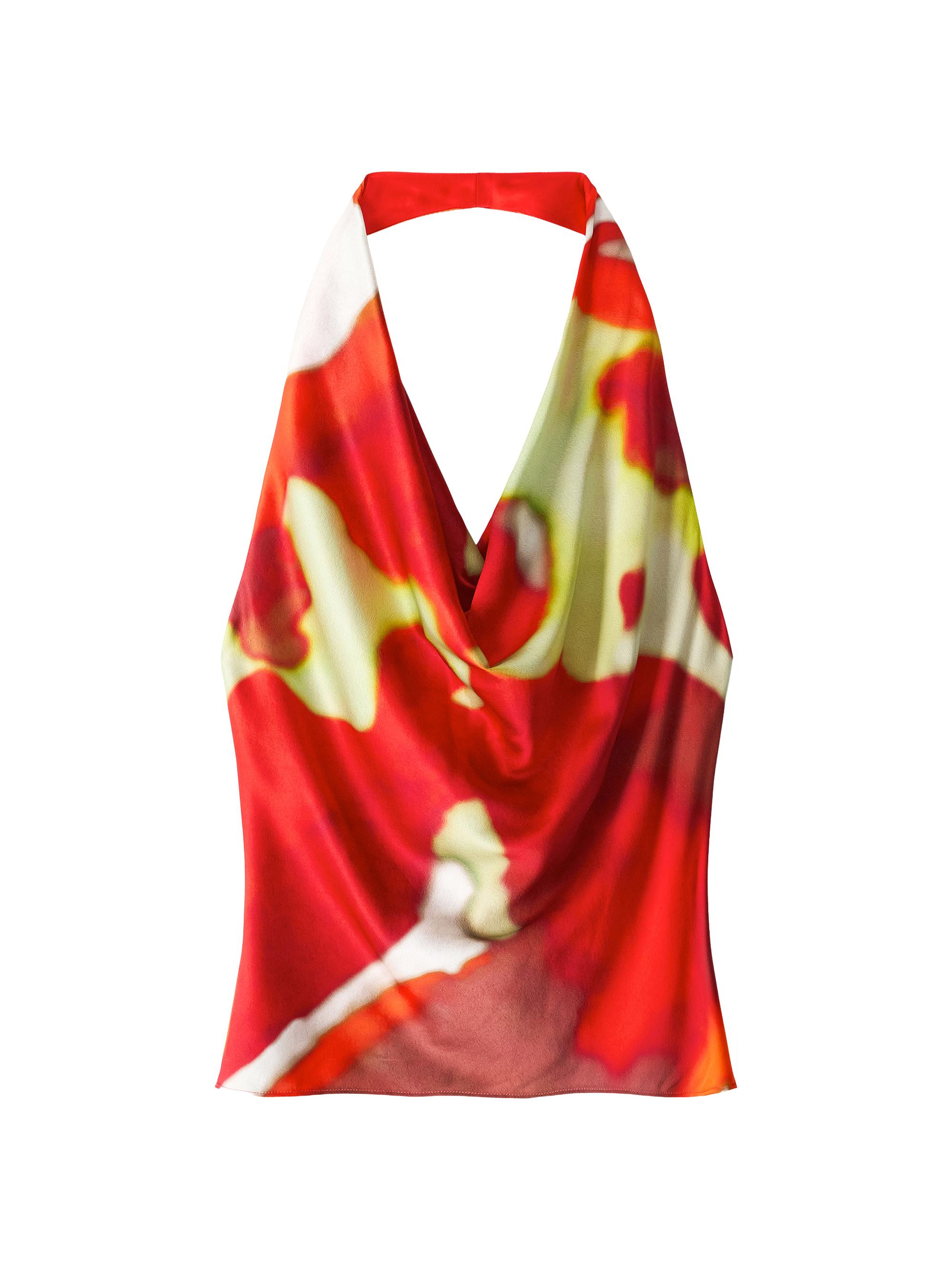 Staud Women's Liora Printed Silk Cowlneck Halter Top - Red Zone