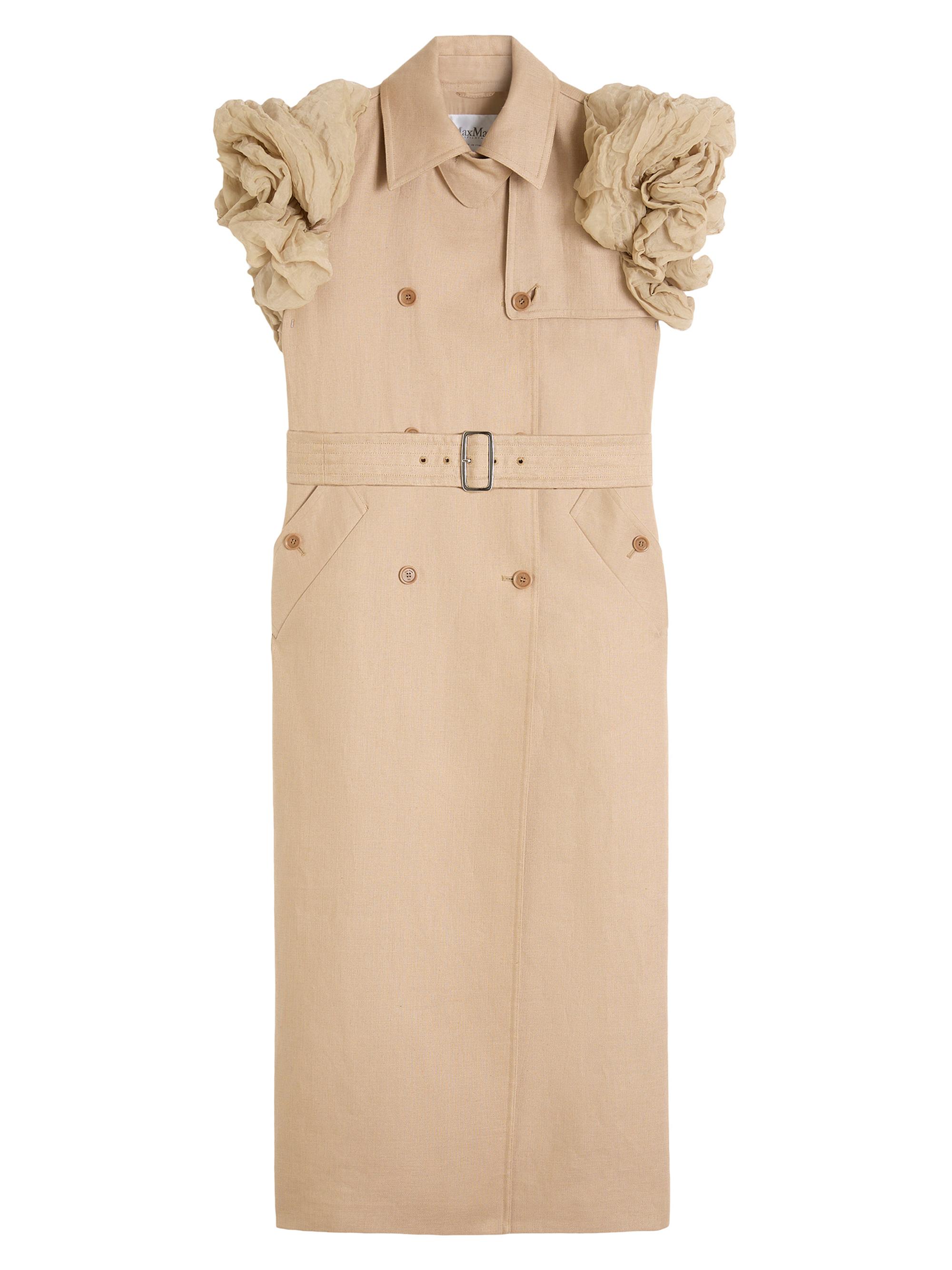Max Mara Women's Sleeveless Trench Coat in Linen Basketweave with Ruffles - Camel