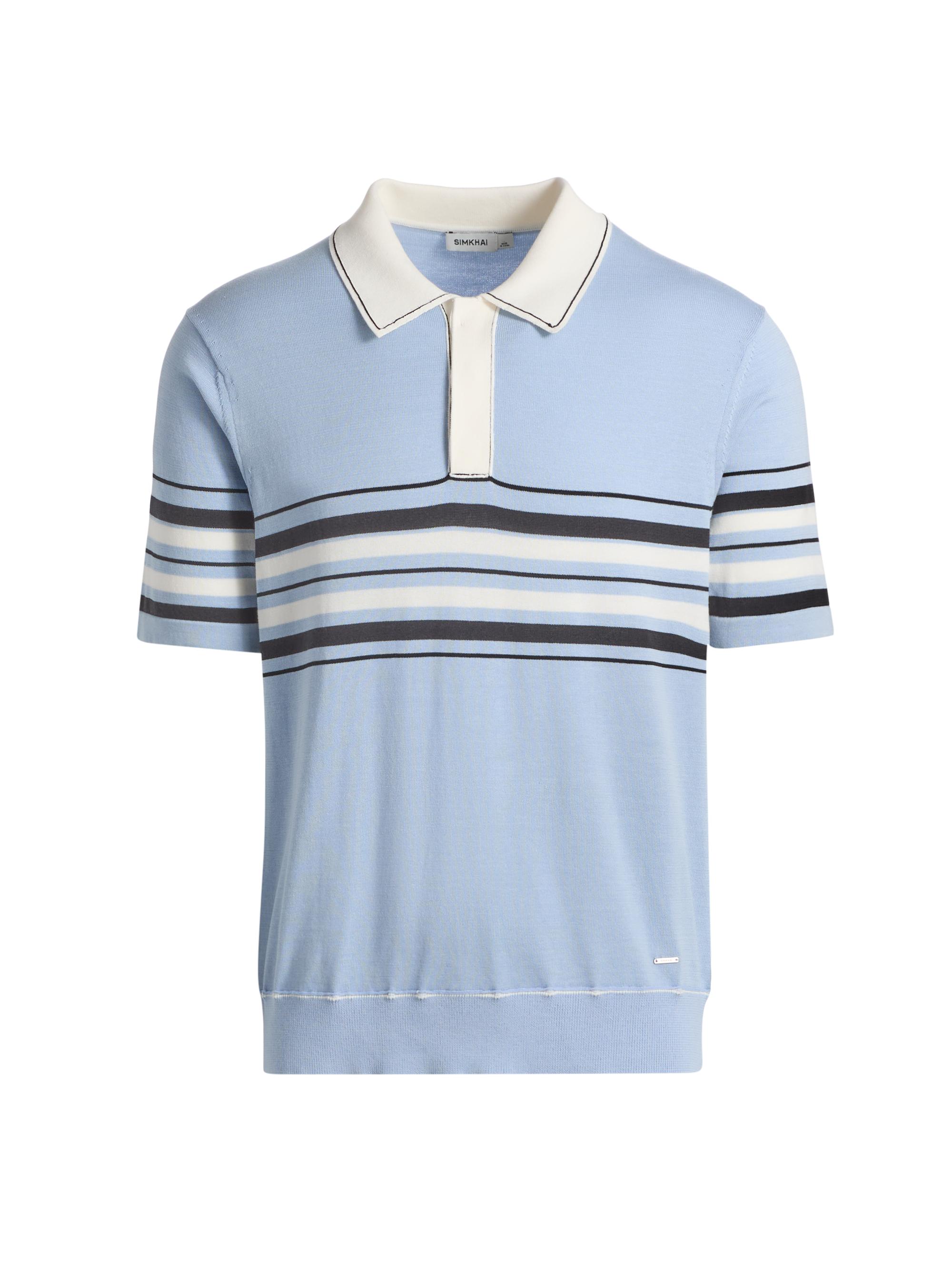 SIMKHAI Men's Brandon Striped Cotton Polo Shirt - Periwinkle Sky Multi - Women's Clothing