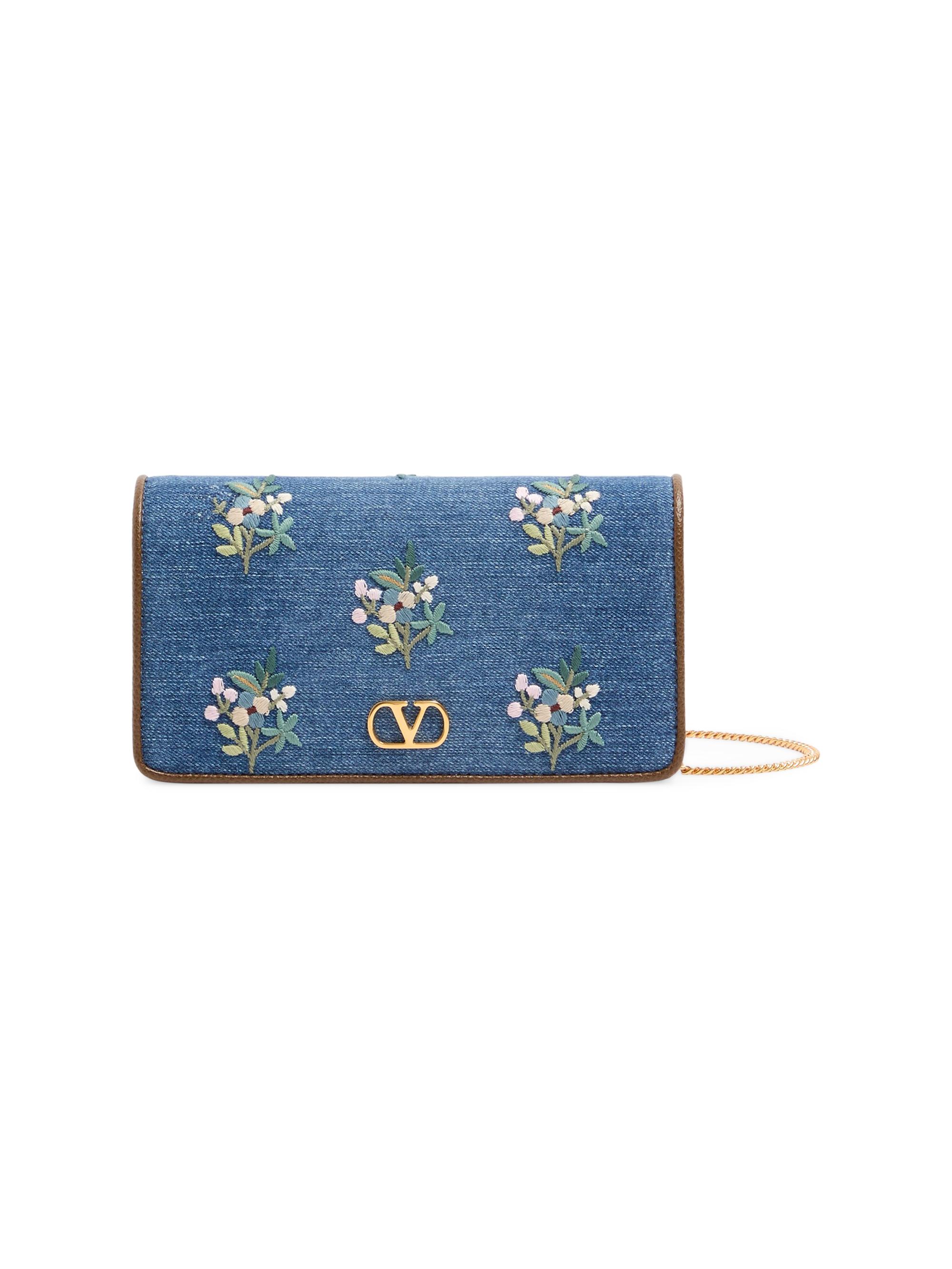 Valentino Garavani Women's VLogo Signature Mini Shoulder Bag in Denim with Floral Embroidery - Denim