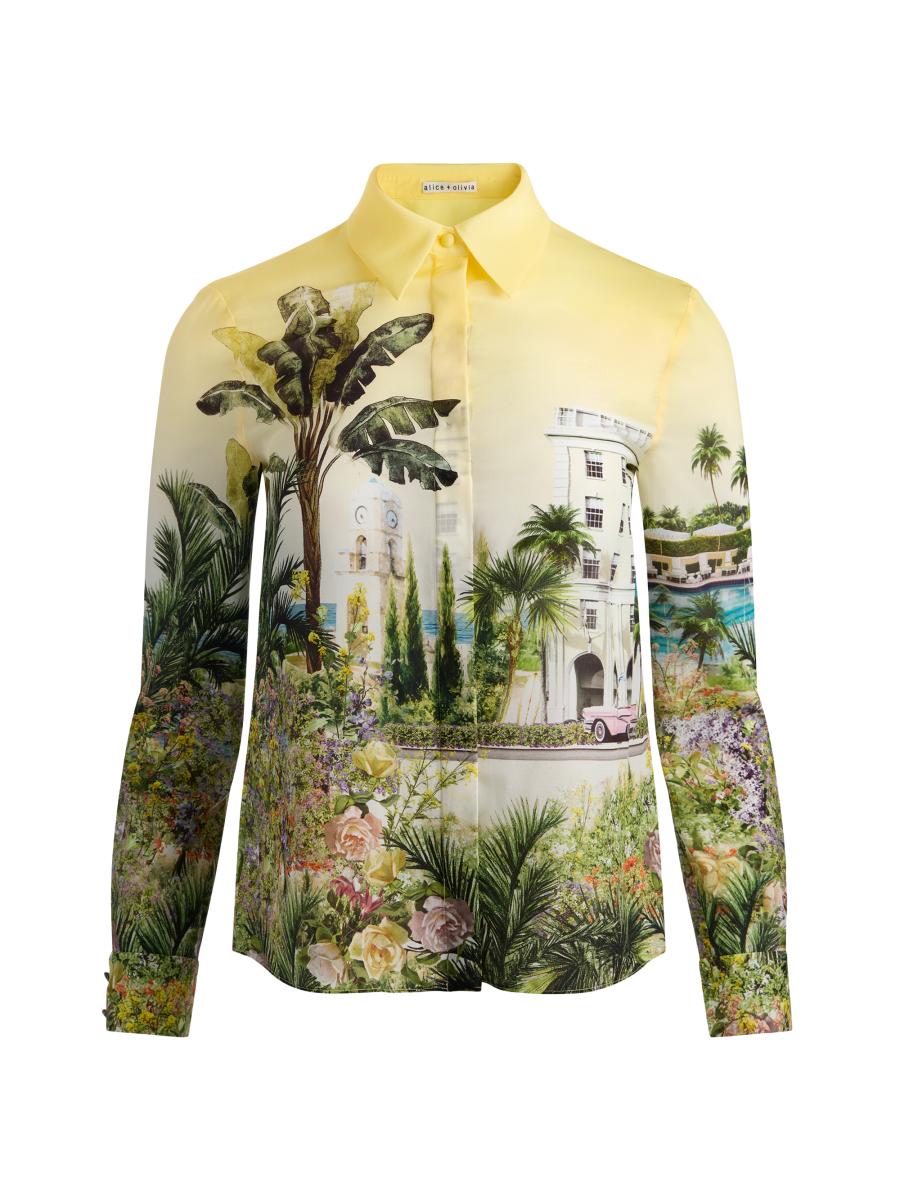 ALICE + OLIVIA Willa Staceface Silk Button-Front Shirt | Saks