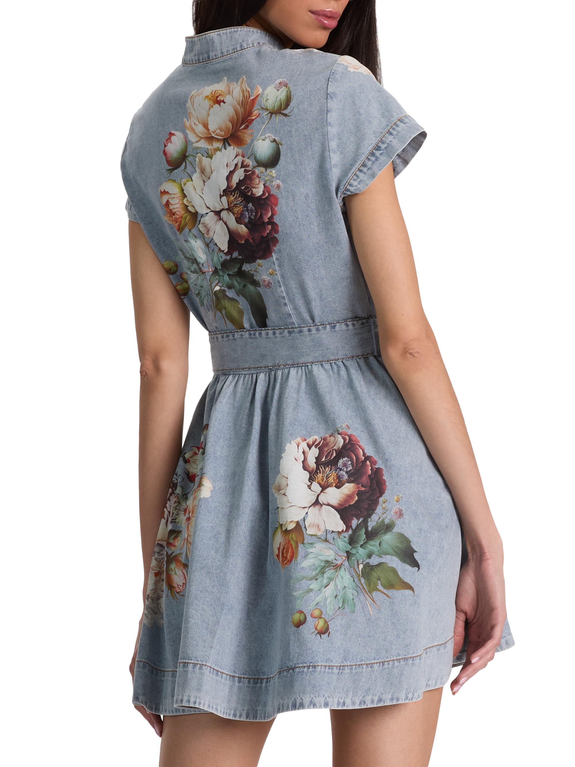 ALICE + OLIVIA Lucy Floral Cotton Denim A-Line Mini-Shirtdress