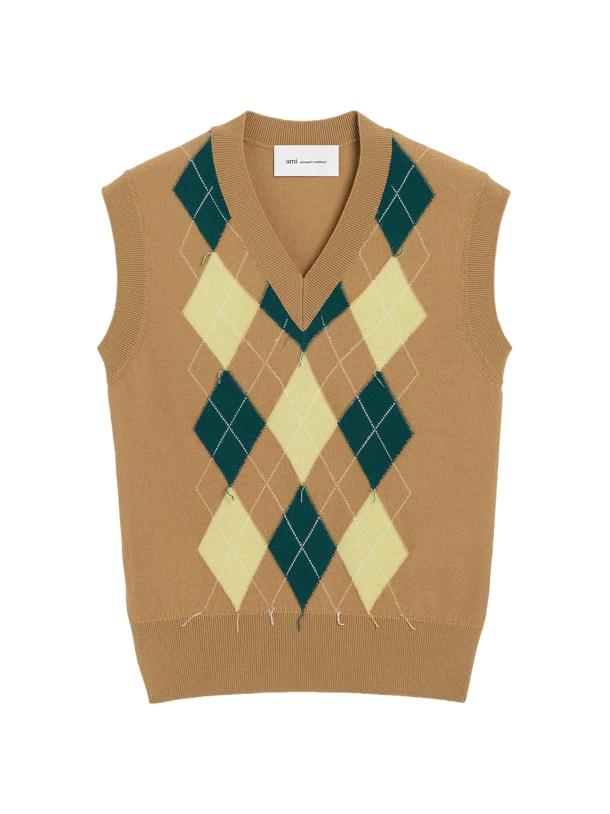 AMI Paris Men's Argyle Wool-Blend Sleeveless Sweater - Camel Jaune Vert | Thumbnail 2