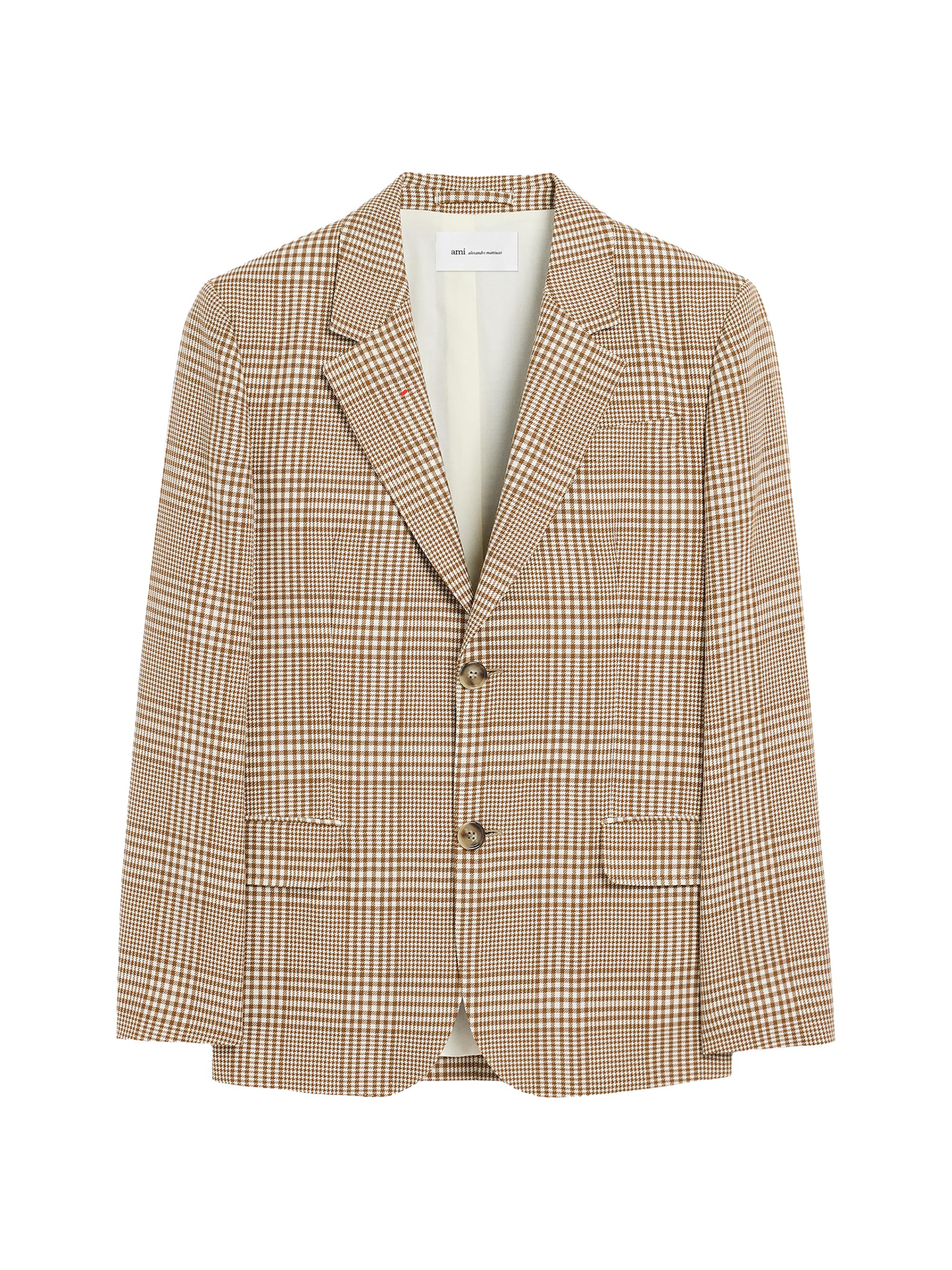 AMI Paris Men's Houndstooth Glen Plaid Wool Single-Breasted Blazer - Caramel Blanc Creme