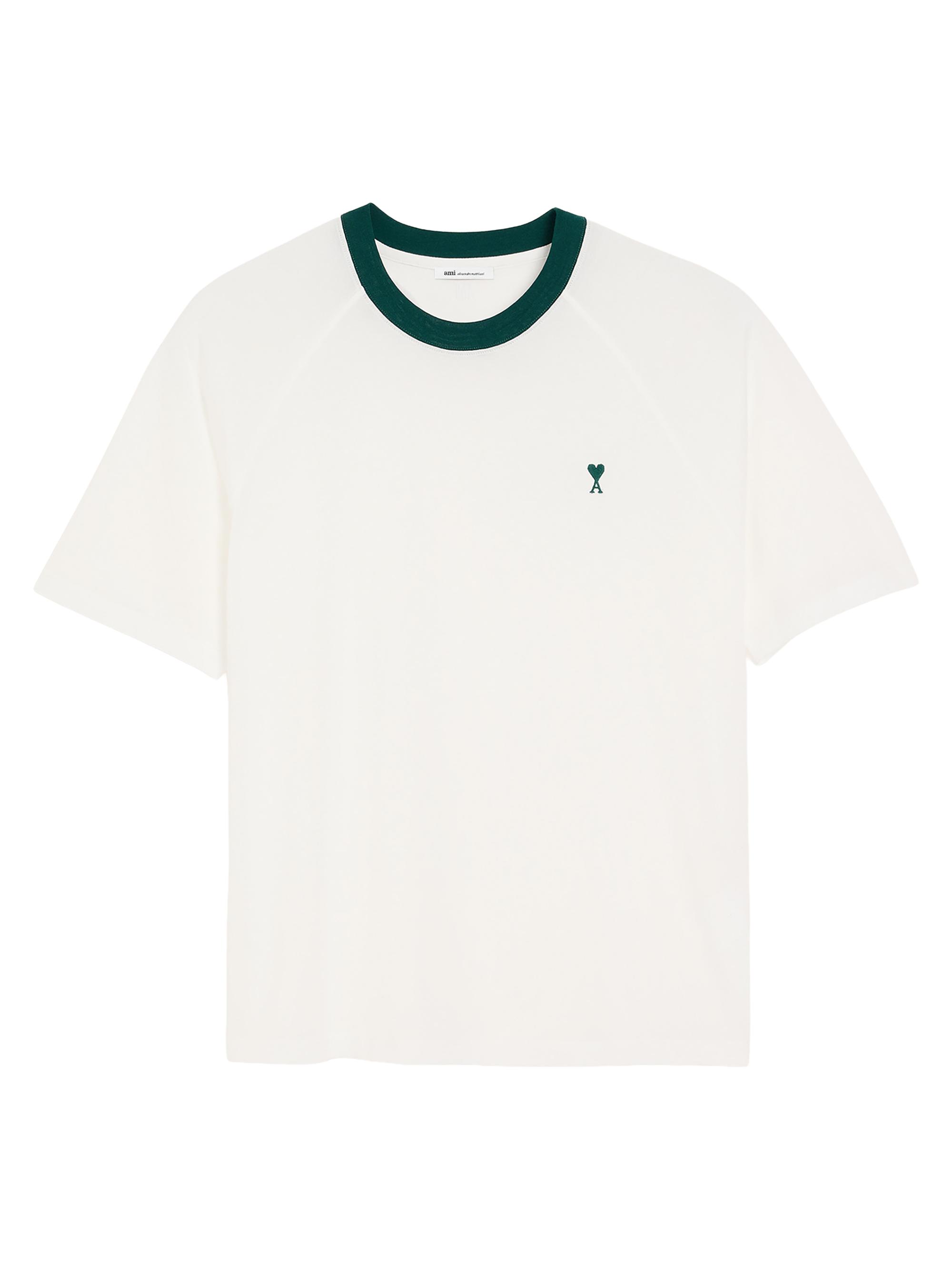 AMI Paris Men's Logo Embroidered Cotton T-Shirt - Blanc Naturel Vert Sapin